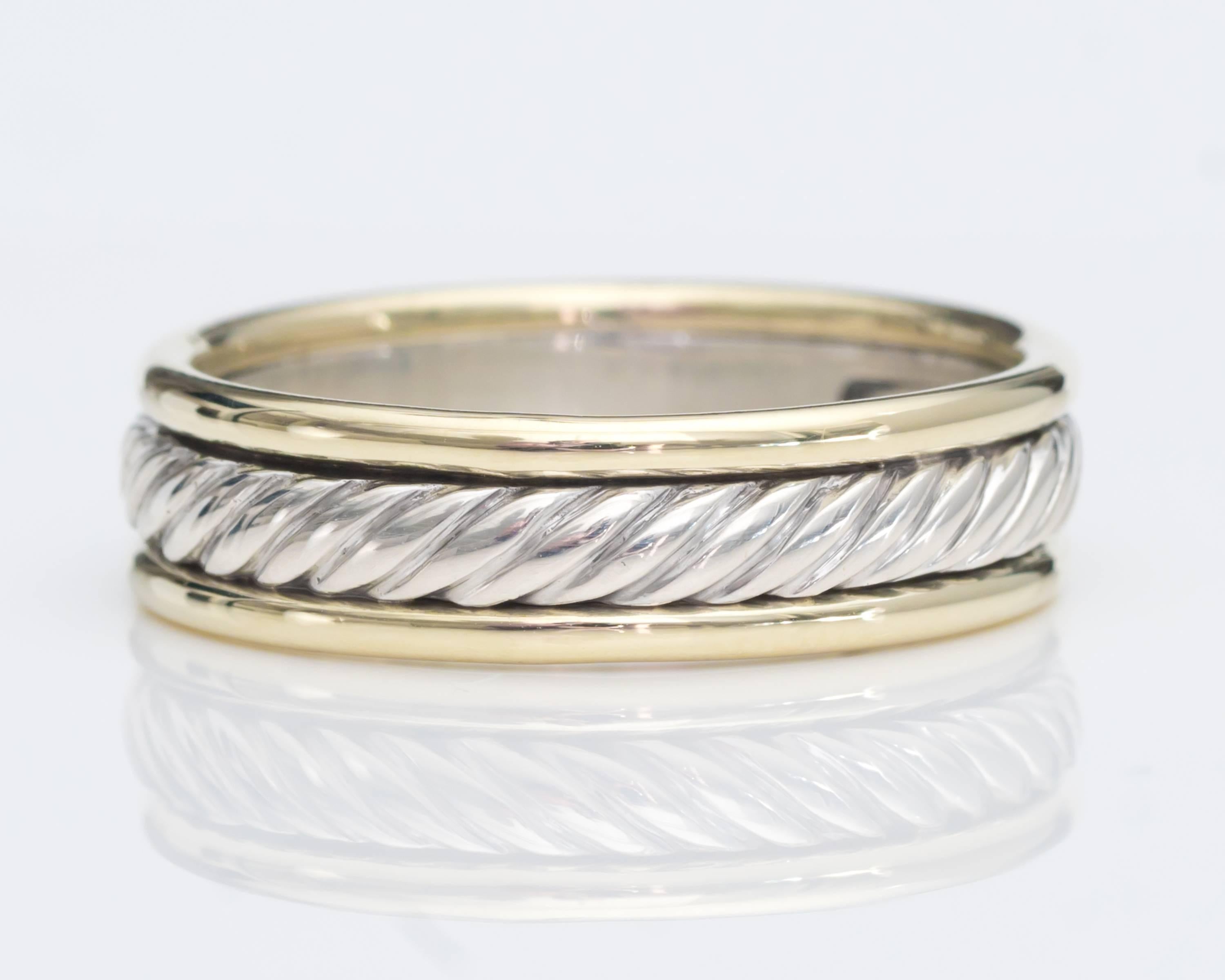 David Yurman Cable Wedding Bands in 14 Karat Gold, Sterling Silver, Set of Two In Excellent Condition In Hicksville, NY