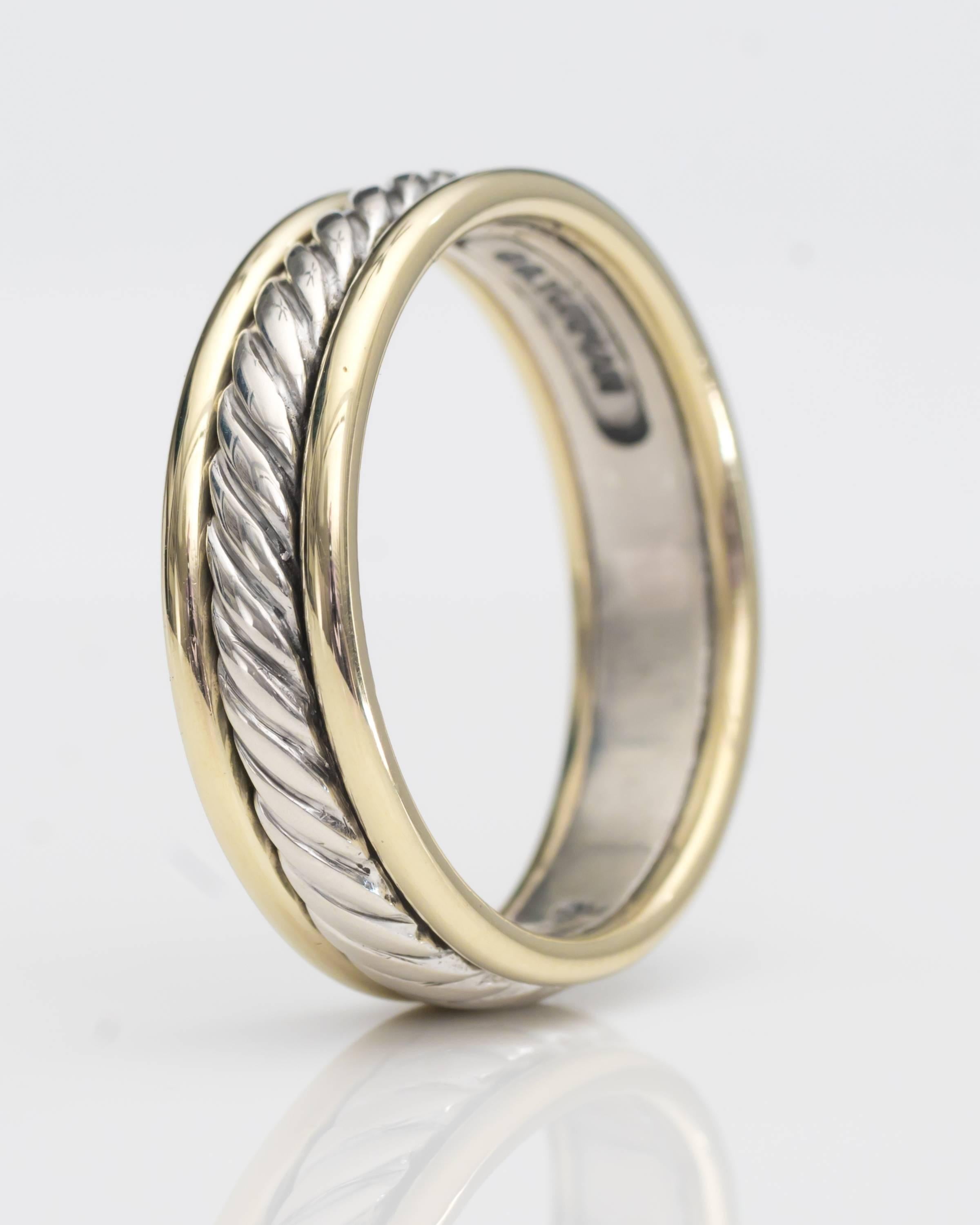 Women's or Men's David Yurman Cable Wedding Bands in 14 Karat Gold, Sterling Silver, Set of Two