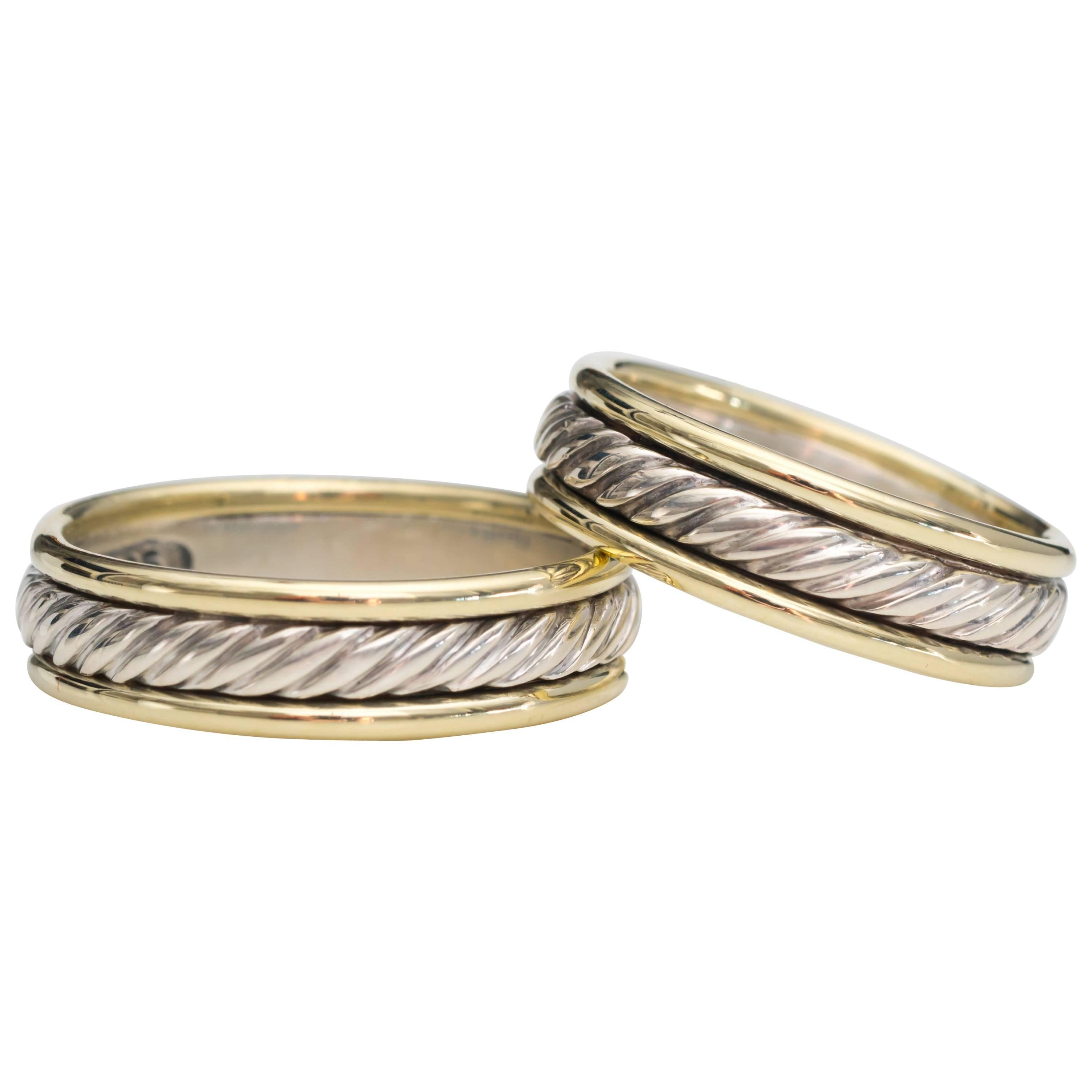 David Yurman Cable Wedding Bands in 14 Karat Gold, Sterling Silver, Set of Two