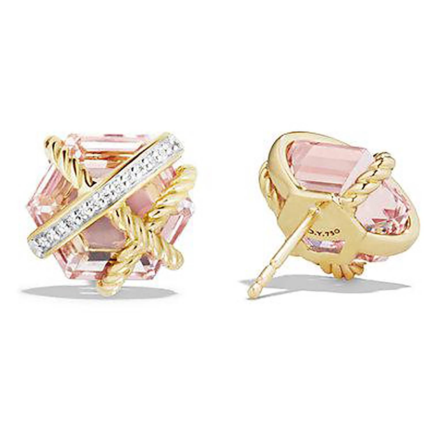 A Pair of morganite and diamond studs by iconic designer David Yurman featuring two hexagonal step-cup morganites and 26 round brilliant diamonds totaling approximately 0.06 carats. The earrings are made in 18k yellow gold and stamped 