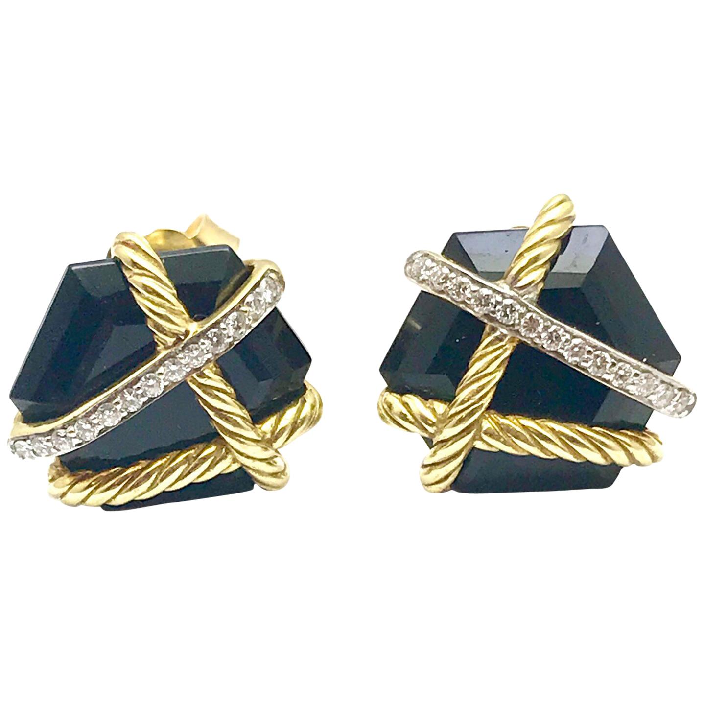 David Yurman Cable Wrap Earrings with Black Onyx and Diamonds in 18 Karat Gold