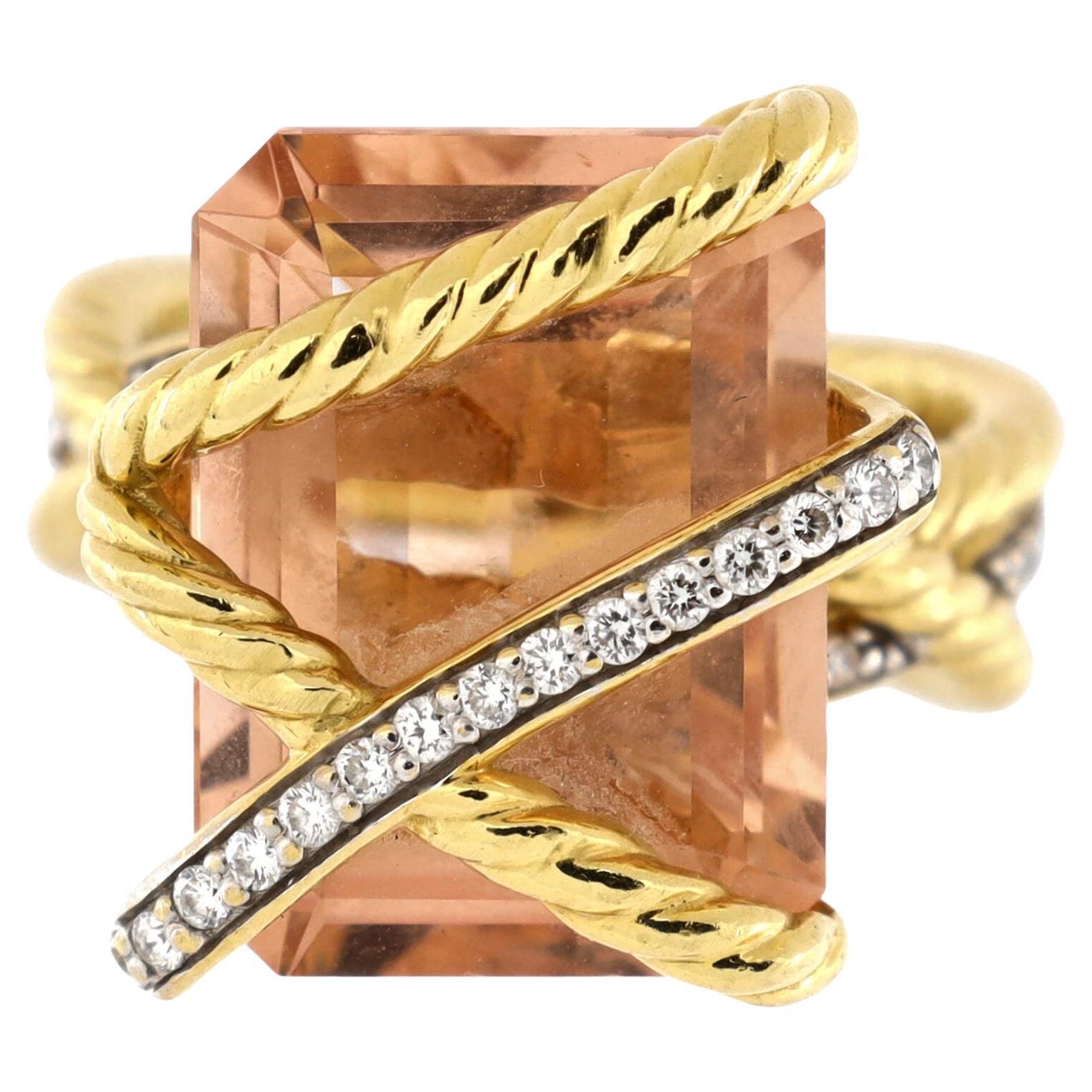 David Yurman Cable Wrap Ring 18k Yellow Gold with Morganite and Diamonds For Sale
