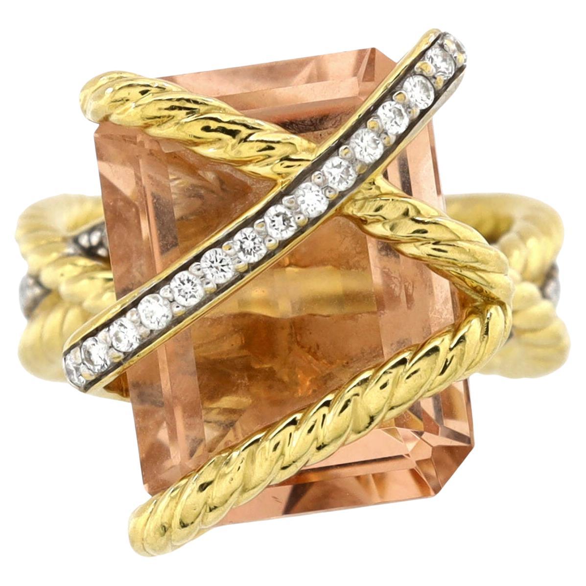 David Yurman Cable Wrap Ring 18K Yellow Gold with Morganite and Diamonds For Sale