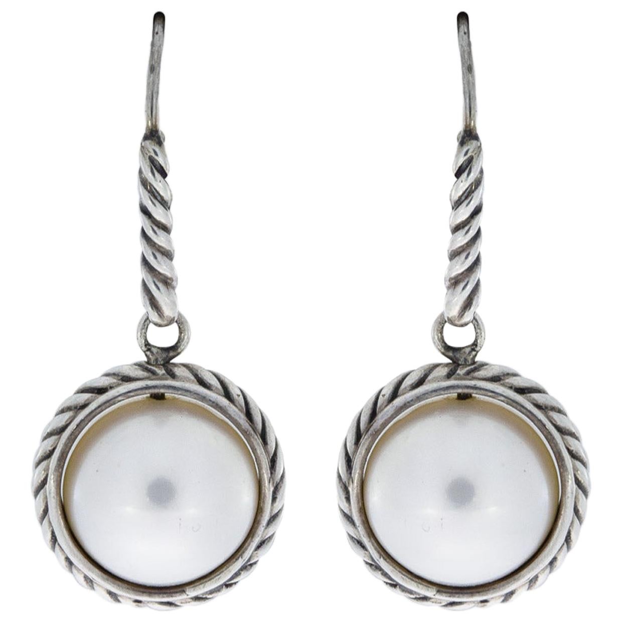 David Yurman Cable Wrap Sterling Silver Cultured Pearl Drop/dangle Earrings