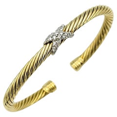 David Yurman Cablespira Diamond X Cable Cuff 5 mm Bracelet 18 Karat Yellow Gold
