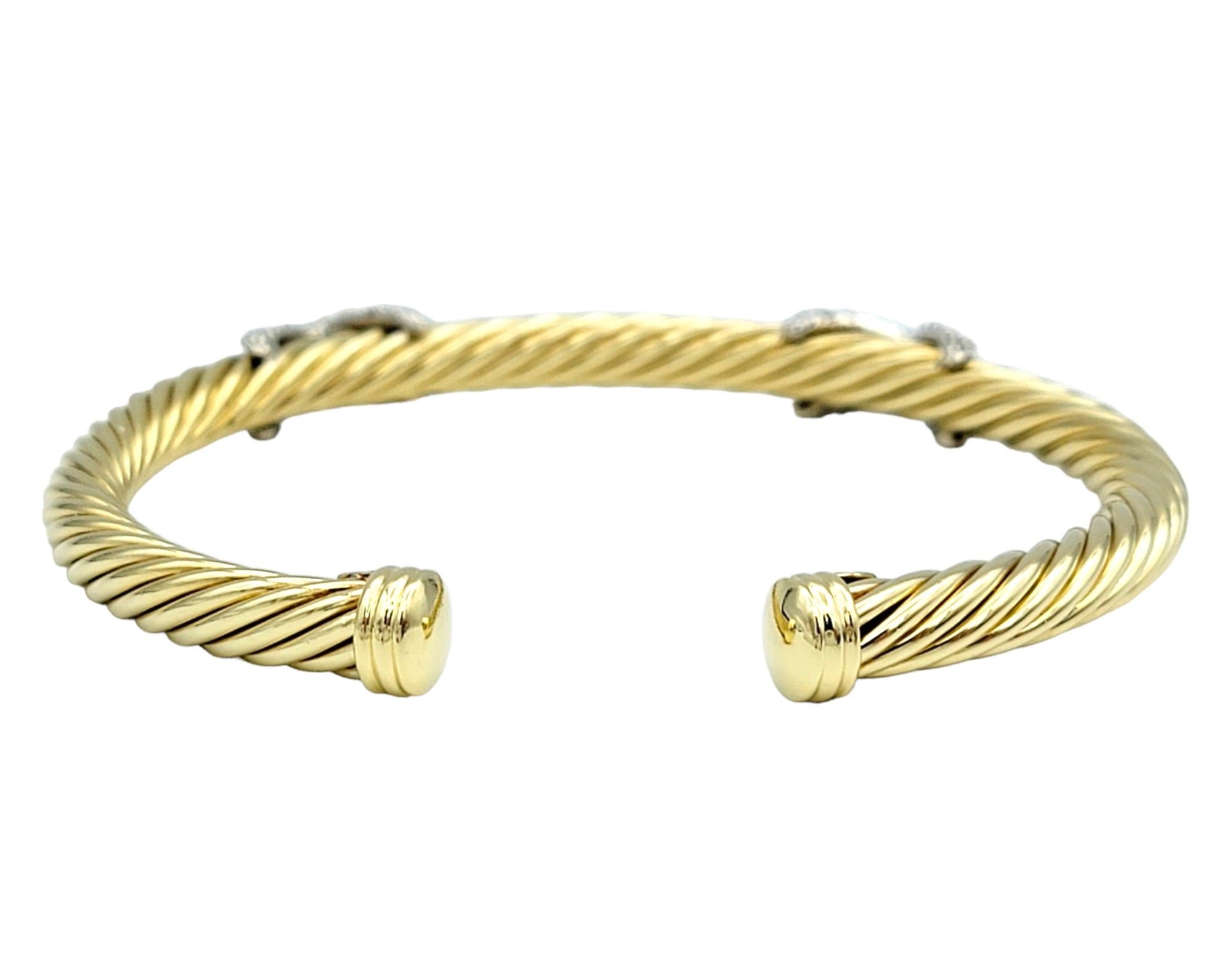 Contemporary David Yurman Cablespira Pavé Diamond X Cable Cuff 5 mm Bracelet in 18 Karat Gold For Sale
