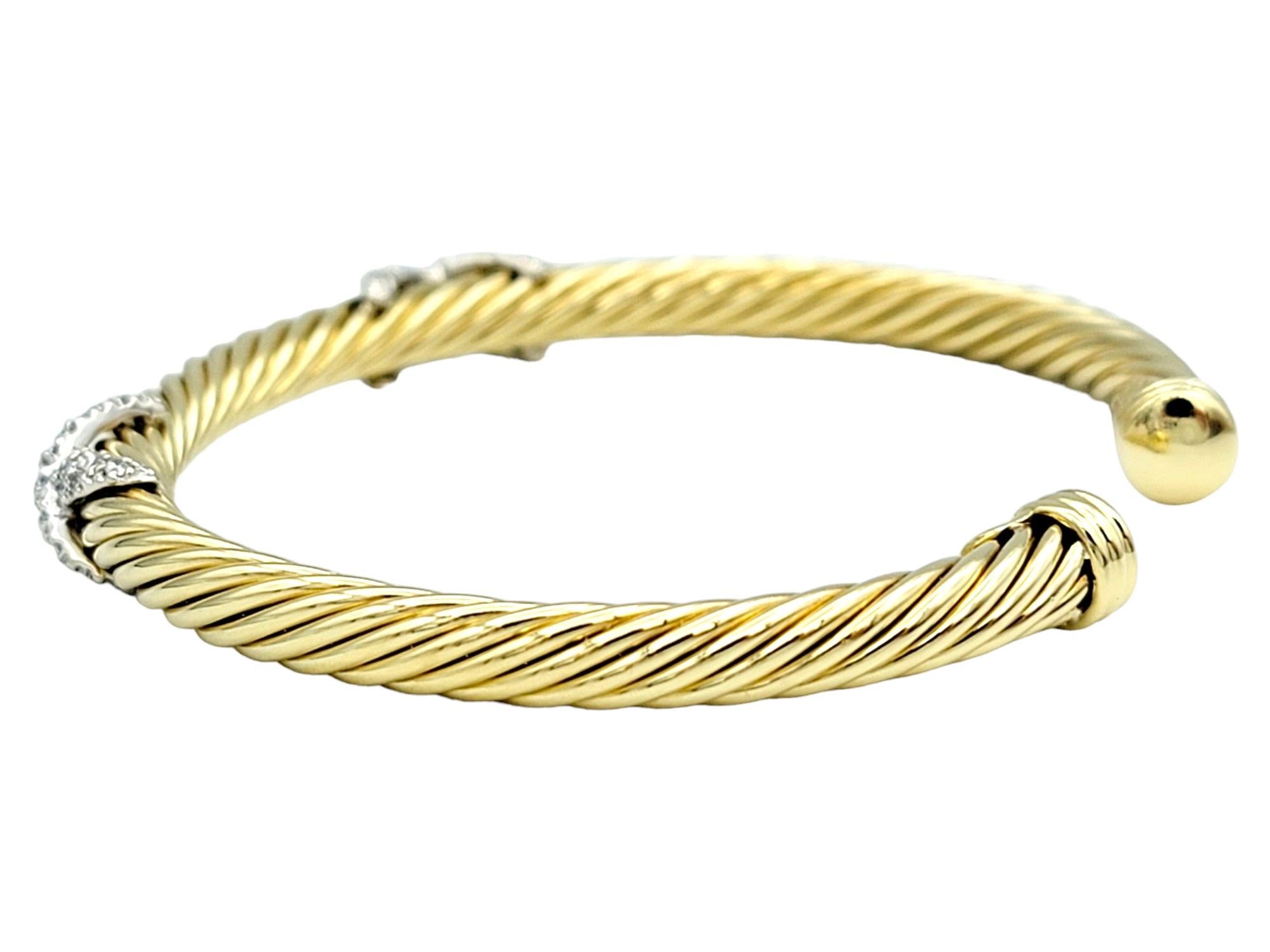 Round Cut David Yurman Cablespira Pavé Diamond X Cable Cuff 5 mm Bracelet in 18 Karat Gold For Sale