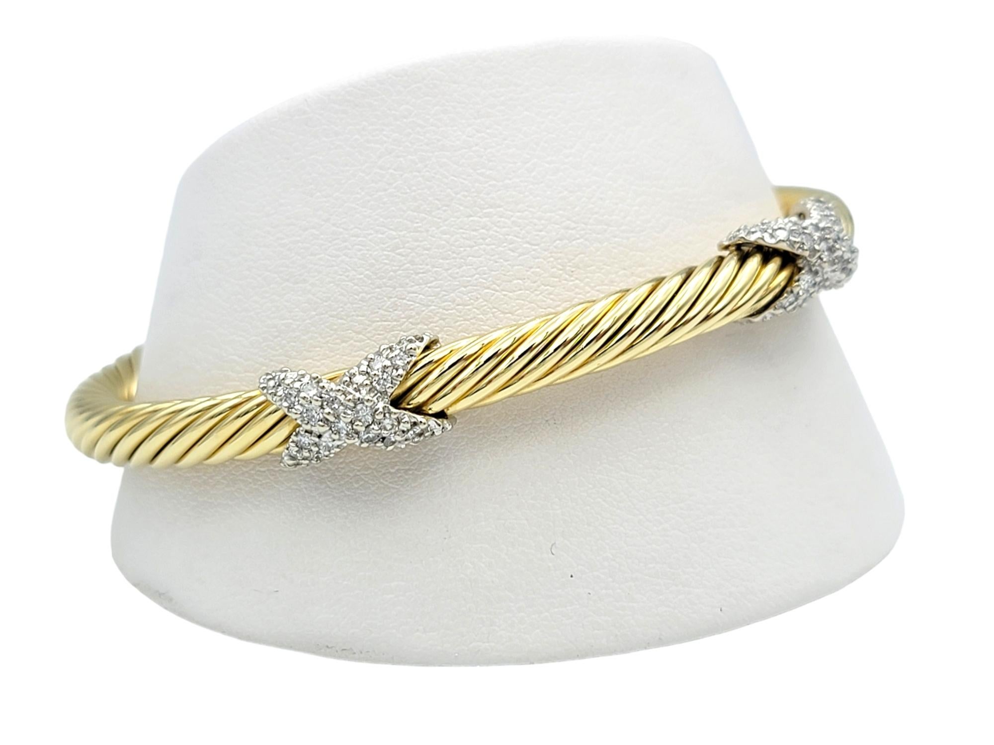 Women's David Yurman Cablespira Pavé Diamond X Cable Cuff 5 mm Bracelet in 18 Karat Gold For Sale