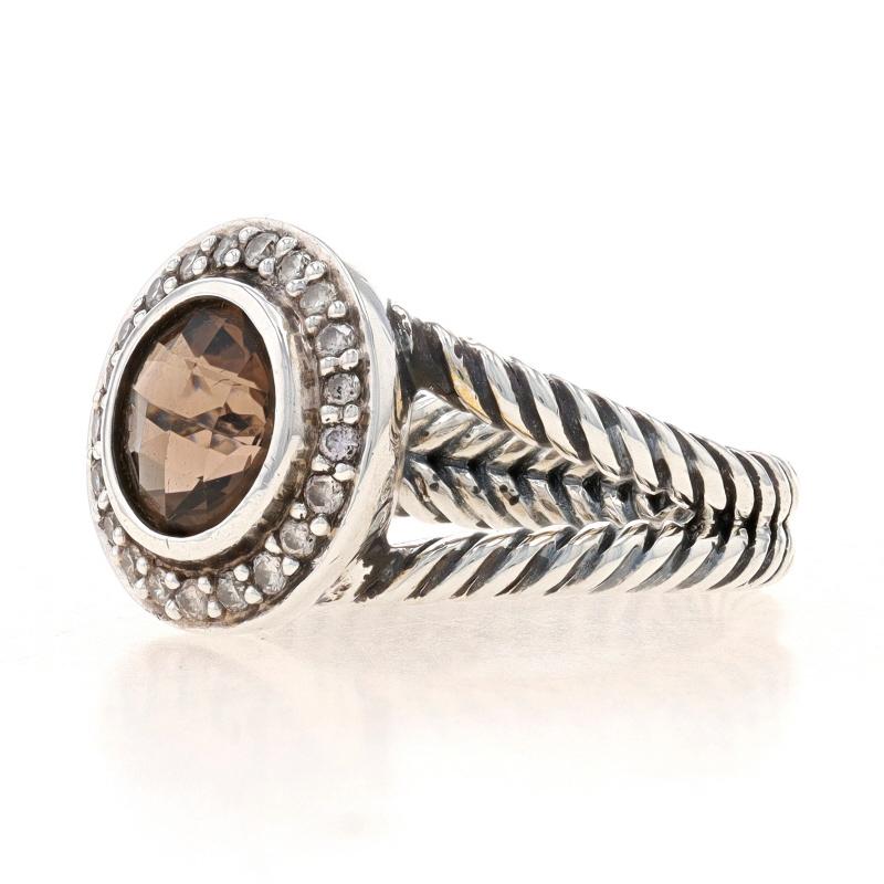 Size: 6

Brand: David Yurman
Collection: Cerise

Metal Content: Sterling Silver

Stone Information
Natural Smoky Quartz
Cut: Round Checkerboard
Color: Brown

Natural Diamonds
Carat(s): .20ctw
Cut: Round Brilliant

Total Carats: .20ctw

Style: