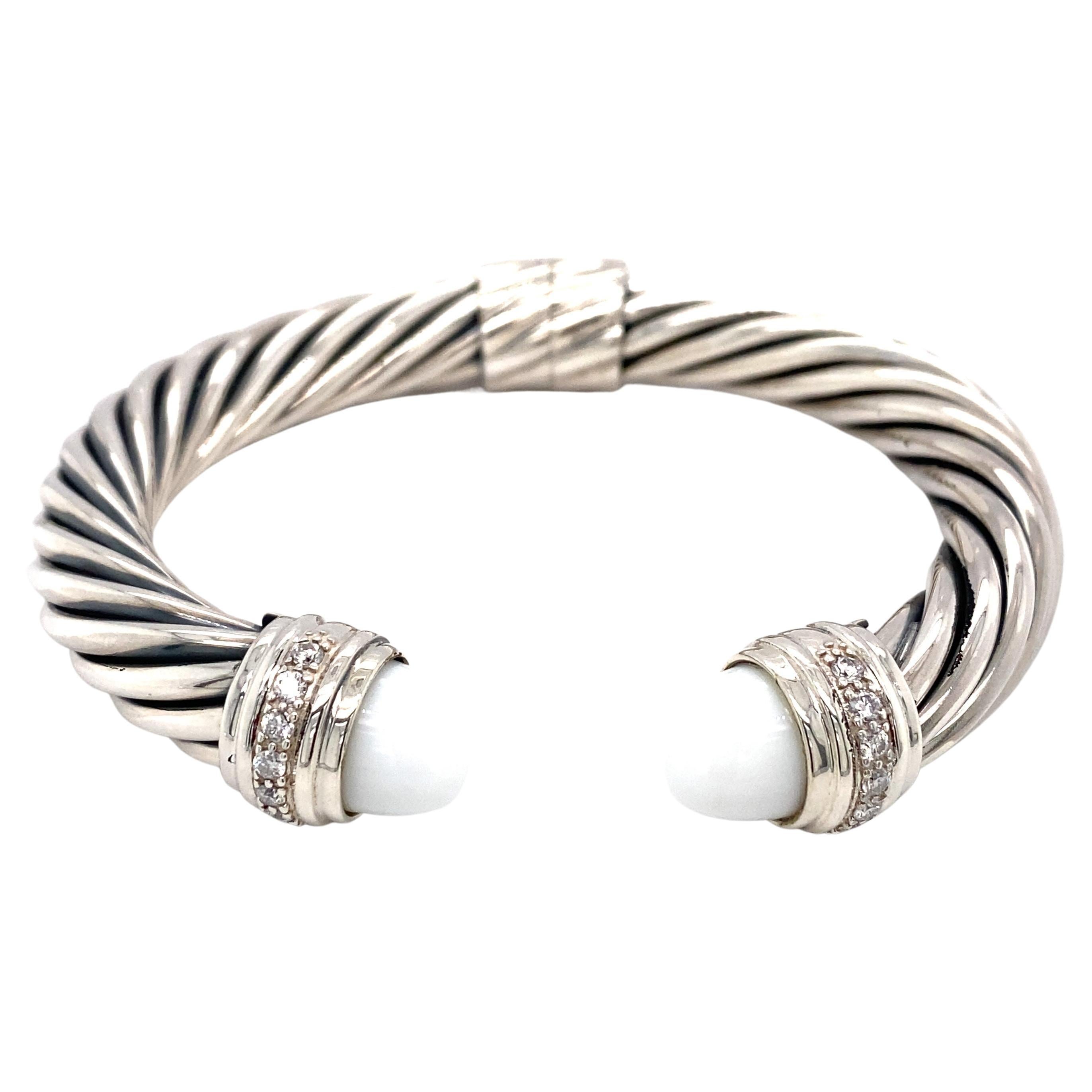 David Yurman Chalcedony and White Sapphire Hinged Cuff in Sterling Silver
