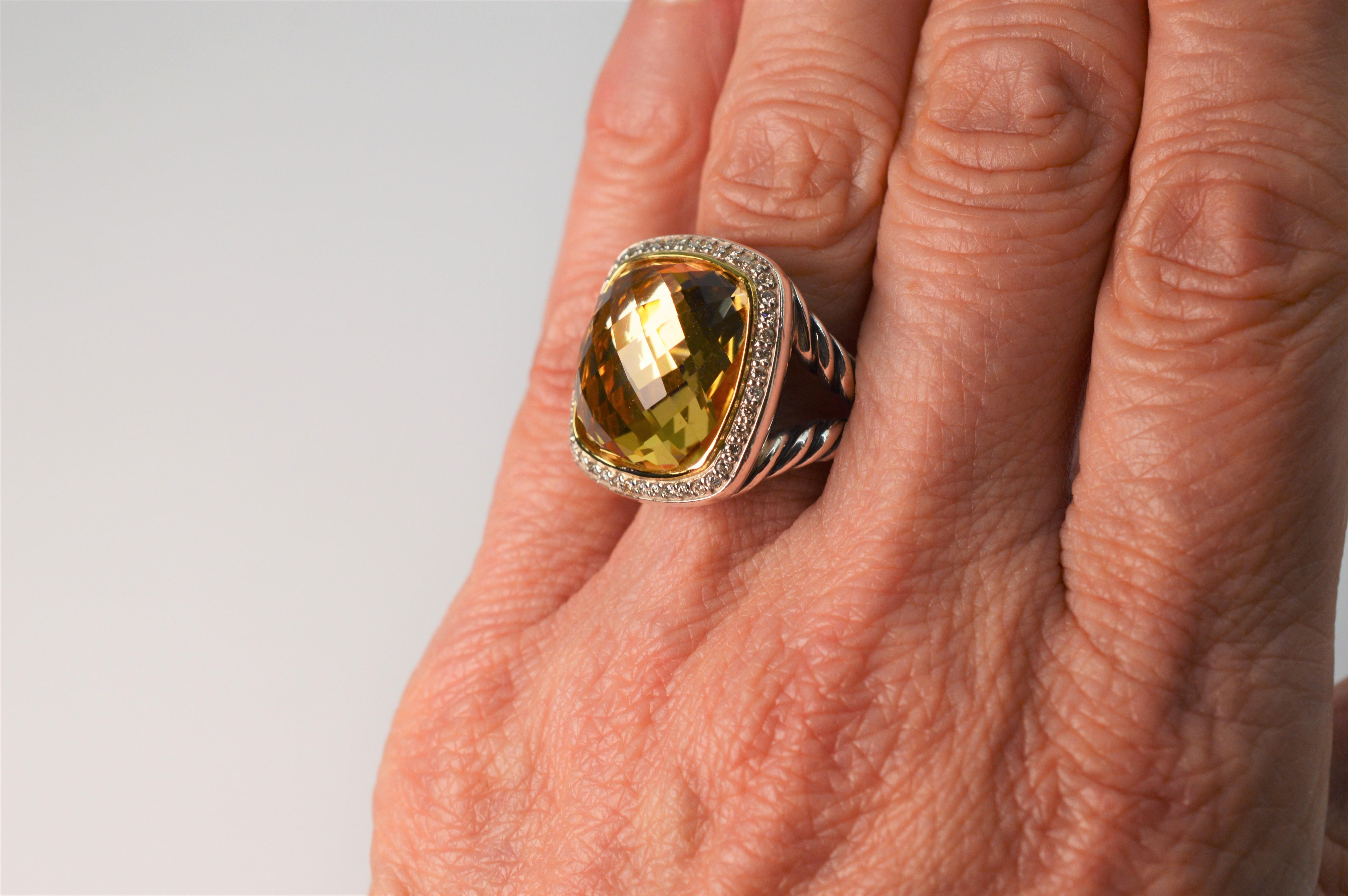 David Yurman Champagne Citrine Diamond Sterling Silver Ring w 18K Yellow Gold 3