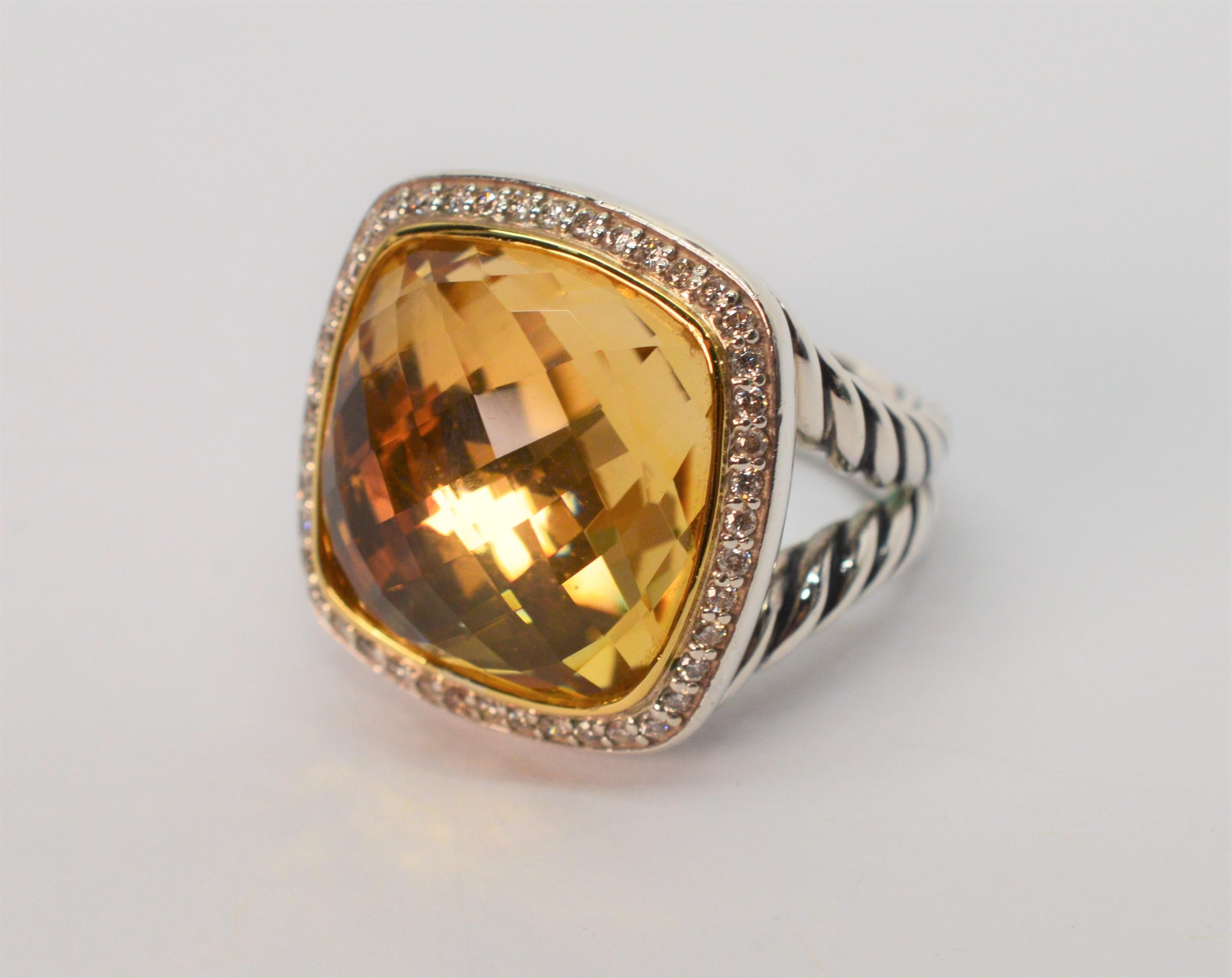 Round Cut David Yurman Champagne Citrine Diamond Sterling Silver Ring w 18K Yellow Gold