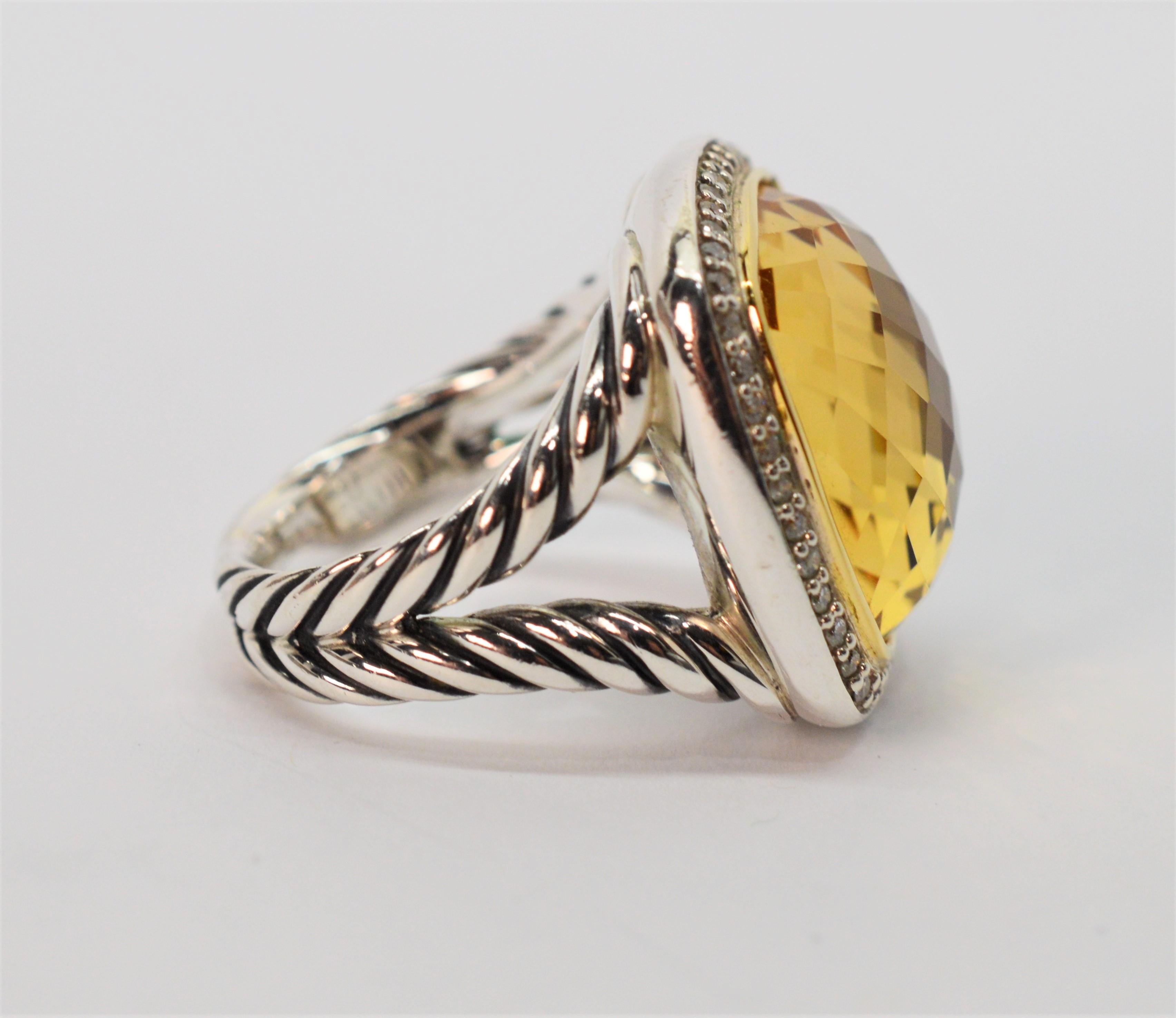David Yurman Champagne Citrine Diamond Sterling Silver Ring w 18K Yellow Gold In Excellent Condition In Mount Kisco, NY