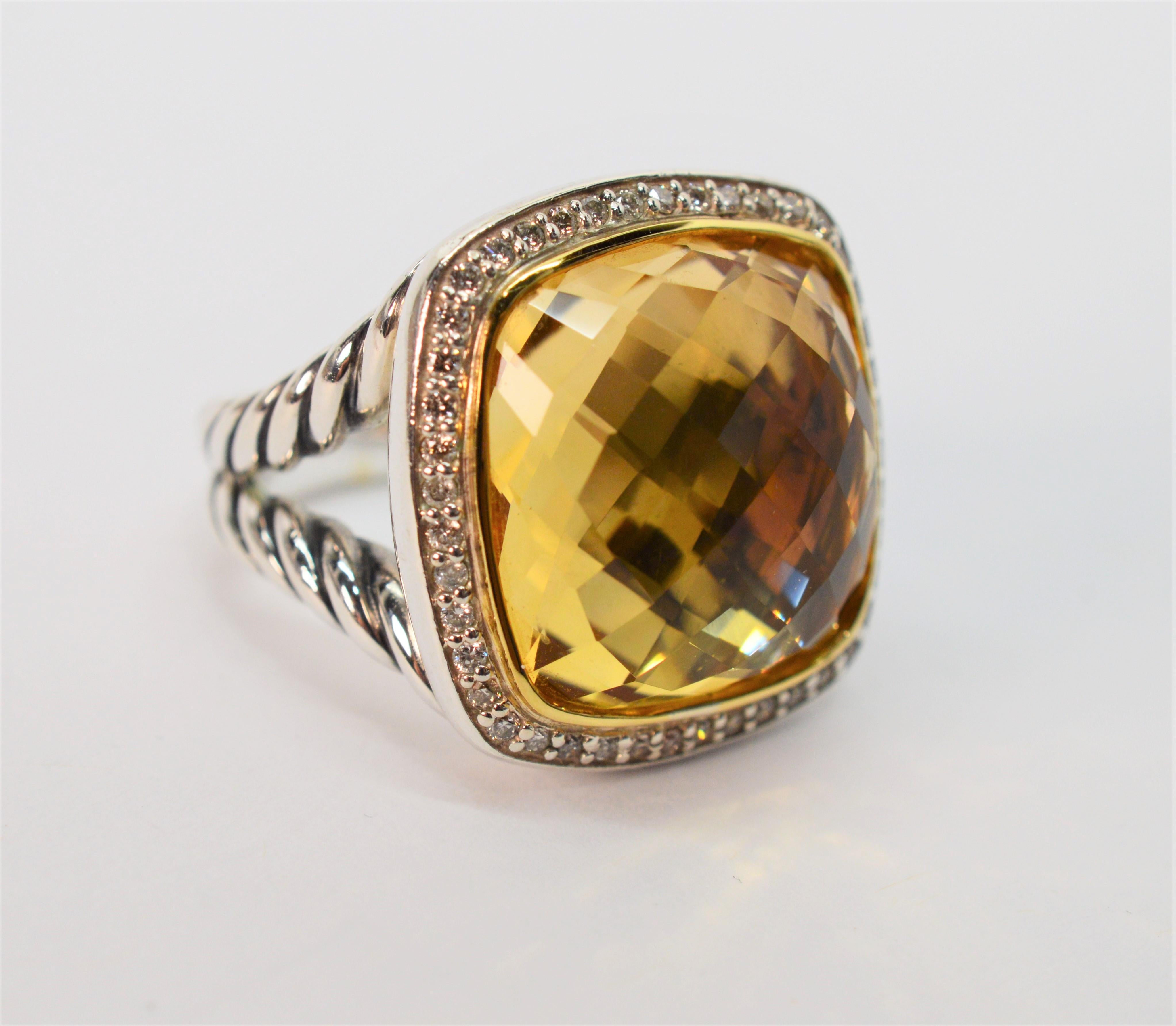 Women's David Yurman Champagne Citrine Diamond Sterling Silver Ring w 18K Yellow Gold