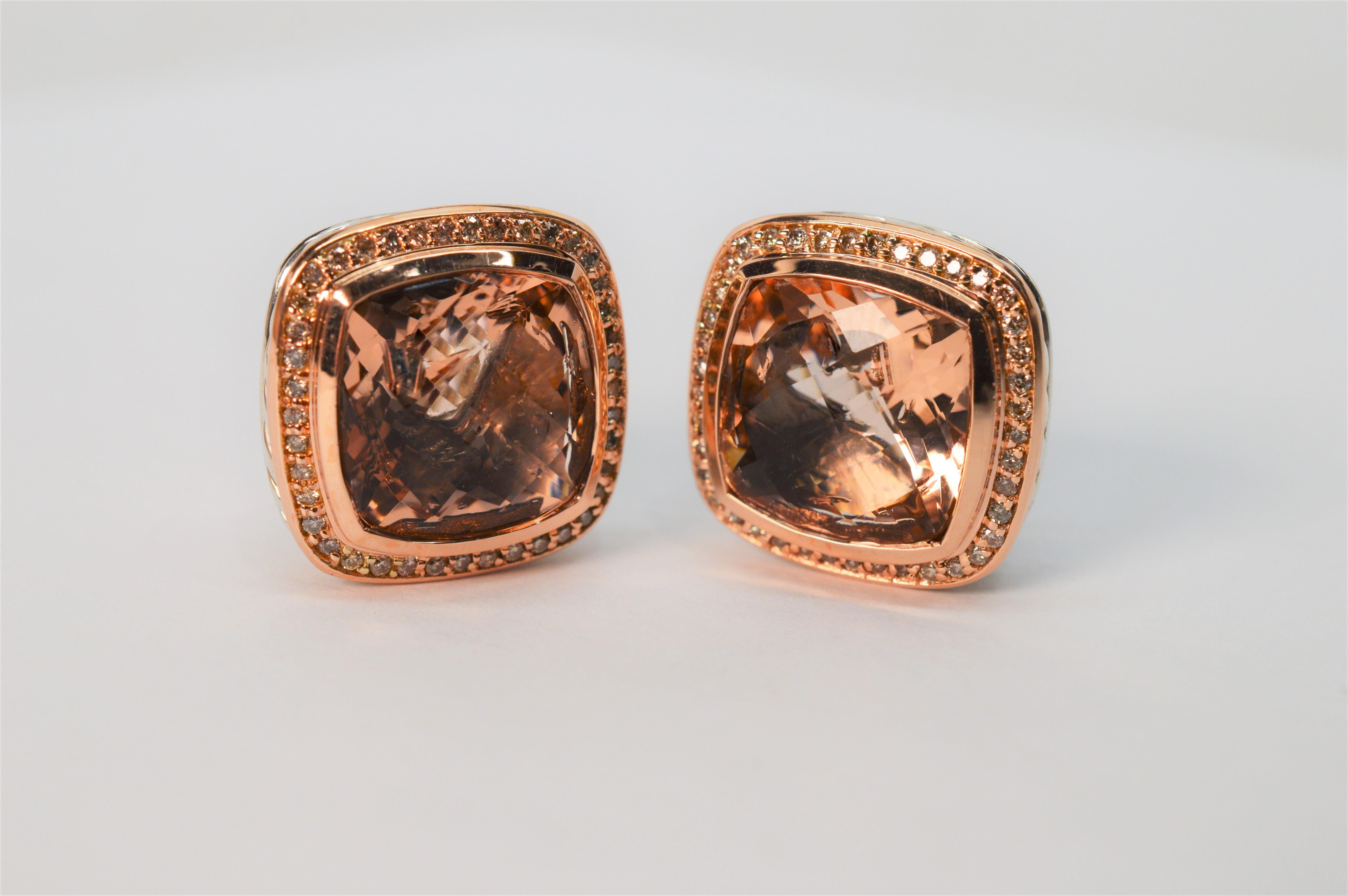 David Yurman Champagne Morganite Sterling Earrings w Diamond Rose Gold Accents 5