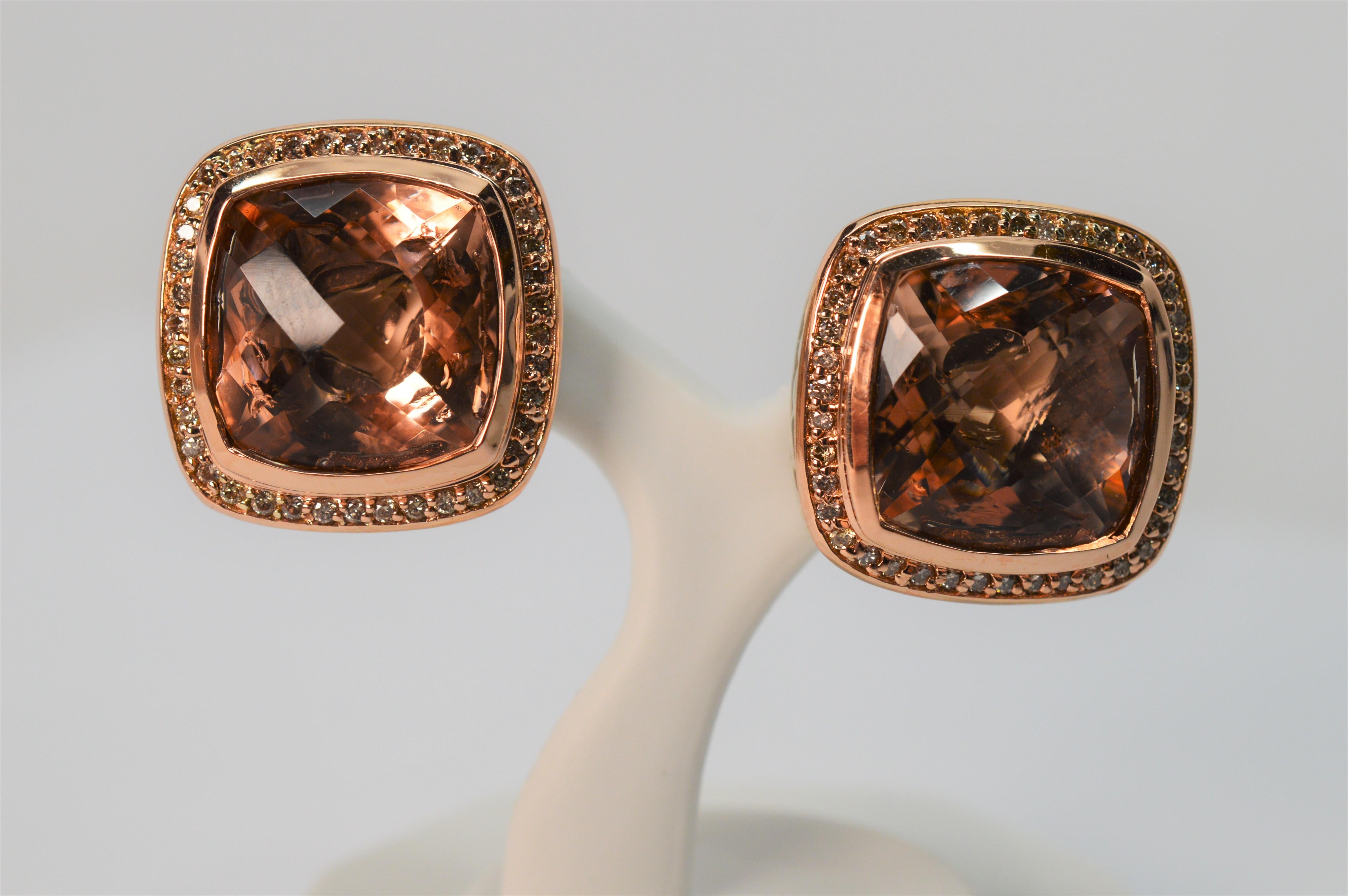 By well known designer David Yurman, enjoy this beautiful vintage pair of DY Champagne Morganite Earrings in sterling silver with diamonds and rose gold accents. 
For pierced ears with a post and omega clip, this large size 19mm square earring pair