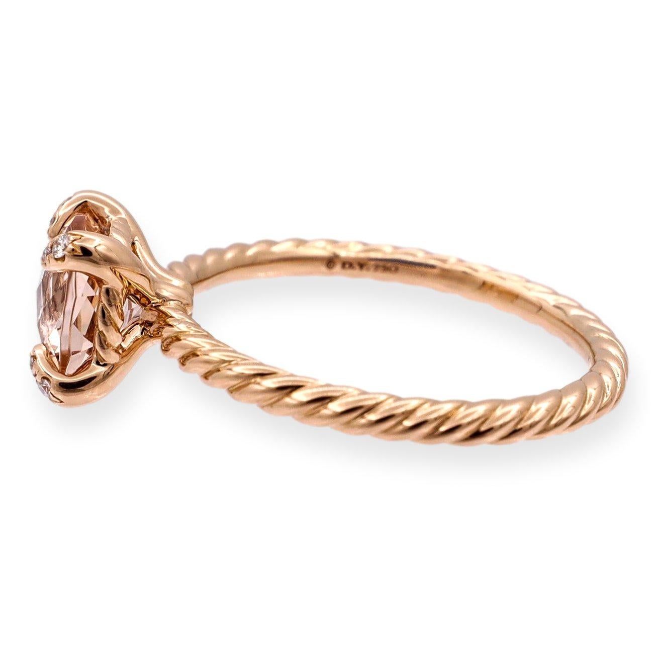 Introducing the captivating David Yurman Chatelaine Collection Ring – a testament to elegance and artistry. Crafted in 18k rose gold, this ring showcases a luminous cushion-cut morganite, weighing 1.50 carats, at its center. The morganite's beauty