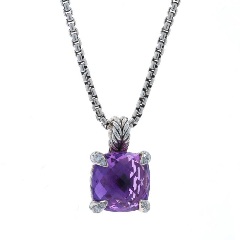 Retail Price: $925

Brand: David Yurman
Collection: Chatelaine

Metal Content: Sterling Silver

Stone Information

Natural Amethyst
Carat(s): 5.10ct
Cut: square cushion checkerboard
Center Stone's Size: 11mm

Natural Diamonds
Carat(s): .05ctw
Cut: