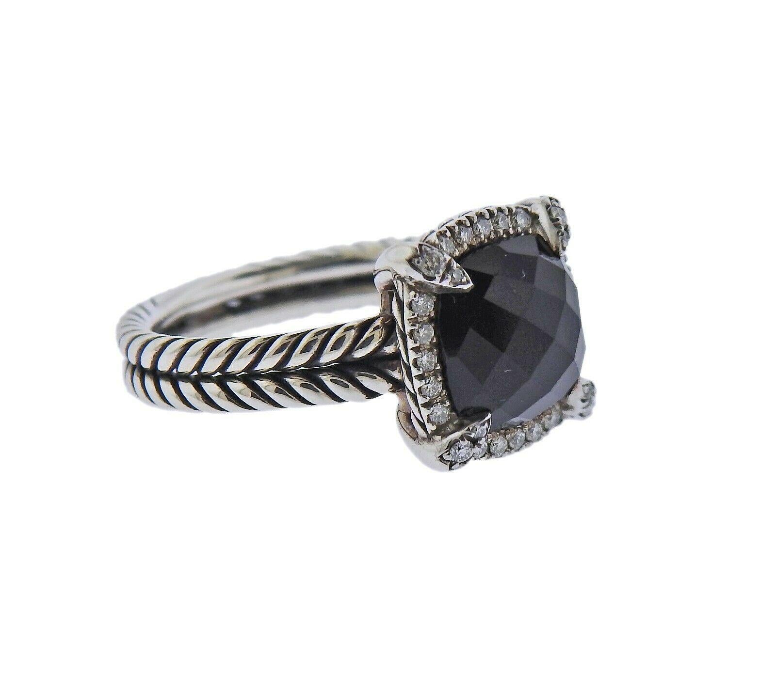 New sterling silver Chatelaine ring by David Yurman, with 9mm onyx and approx. 0.14ctw in diamonds. Retail $850. Size 6, black onyx 9mm wide.  Weight - 5.2 grams. Marked: D.Y., 925.