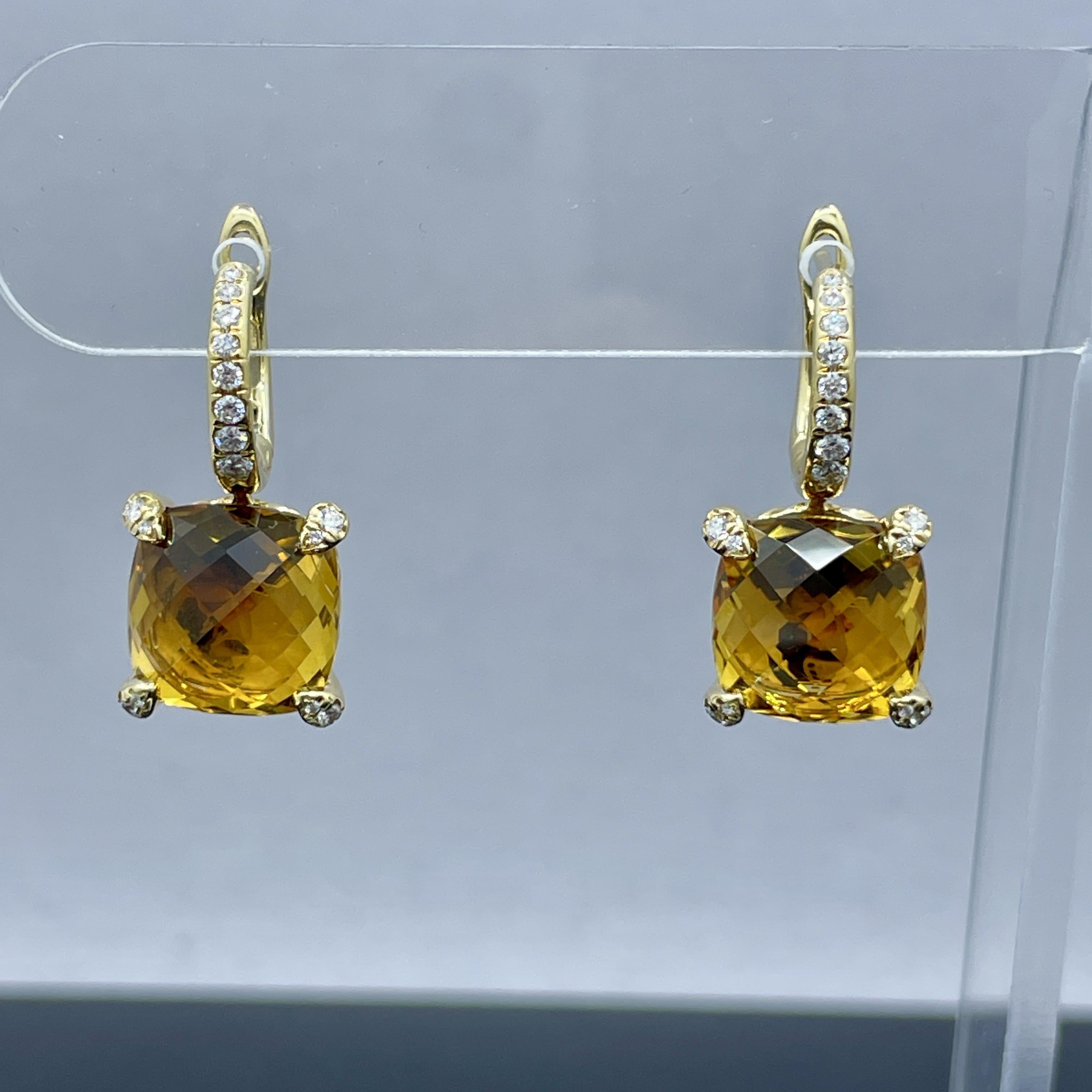 Cushion Cut David Yurman Chatelaine Drop Earrings in Citrine & Diamond 18k Yellow Gold For Sale