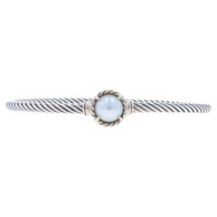 David Yurman Chatelaine Pearl Bangle Bracelet 6 1/4" - Sterling 925 Solitaire