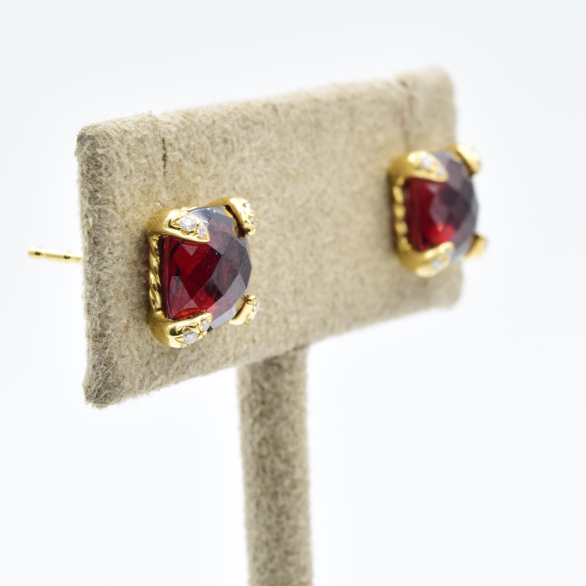 These Rhodolite Garnet Pave Diamond earrings were recently traded in and are in excellent condition.  These earrings are known as the Chatelaine collection Studs in 18k Yellow Gold.  The earrings are 6mm in width and have a friction back.  Please