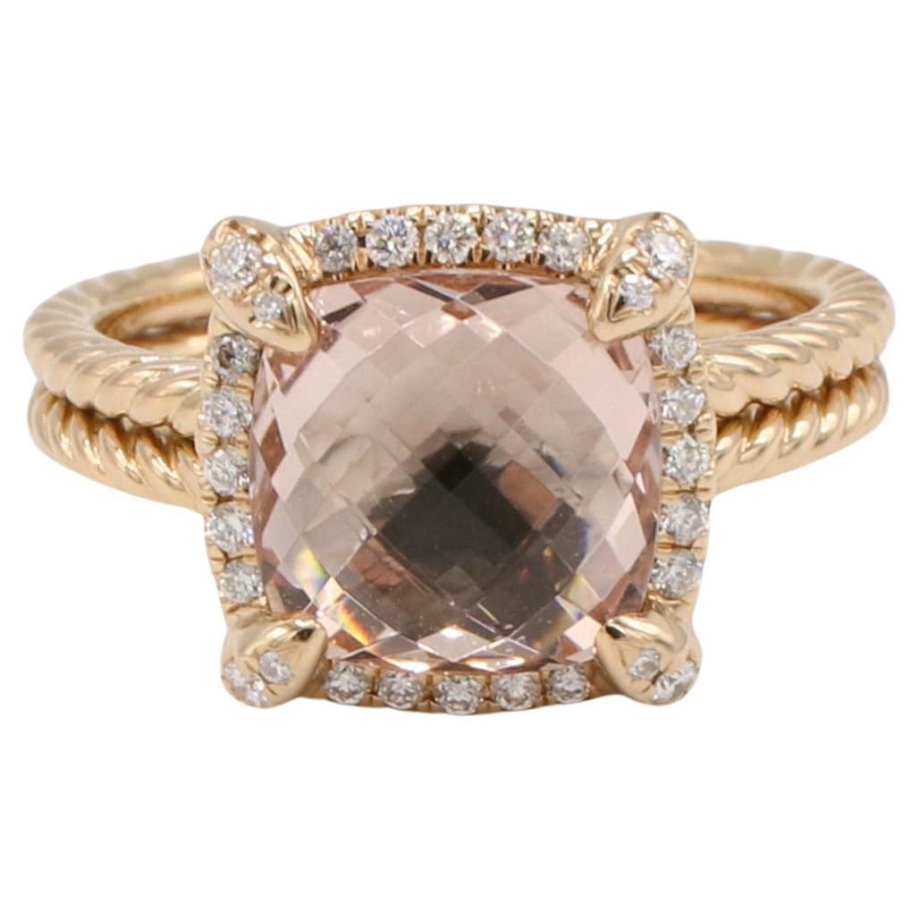 David Yurman Chatelaine Rose Gold Morganite & Natural Diamond Halo Ring 9mm
Metal: 18k rose gold
Weight: 7.59 grams
Morganite: 9mm, 2.89 total carat weight
Diamonds: Pavé-set natural diamonds, 0.14 total carat weight
Size: 6 (US)
Signed: ©D.Y.