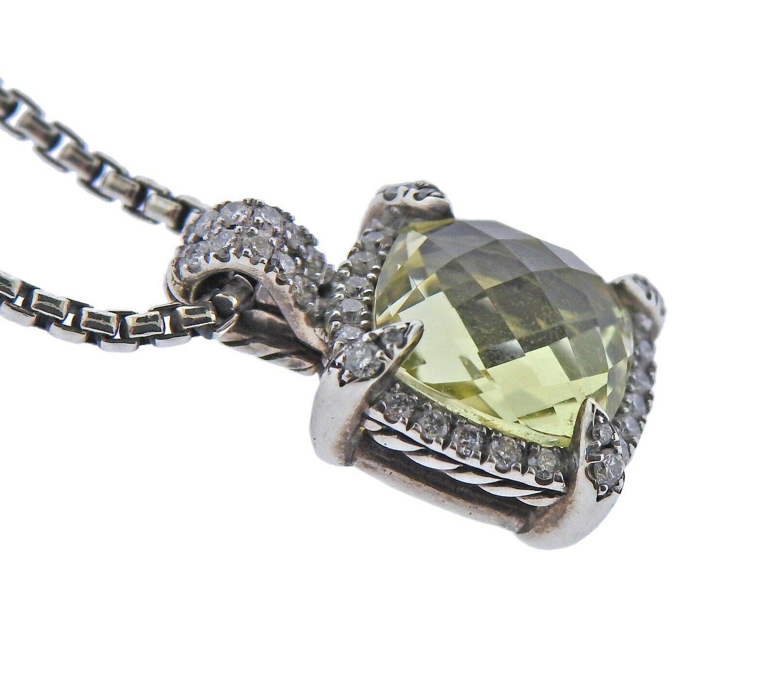 Round Cut David Yurman Chatelaine Sterling Citrine Diamond Pendant Necklace For Sale