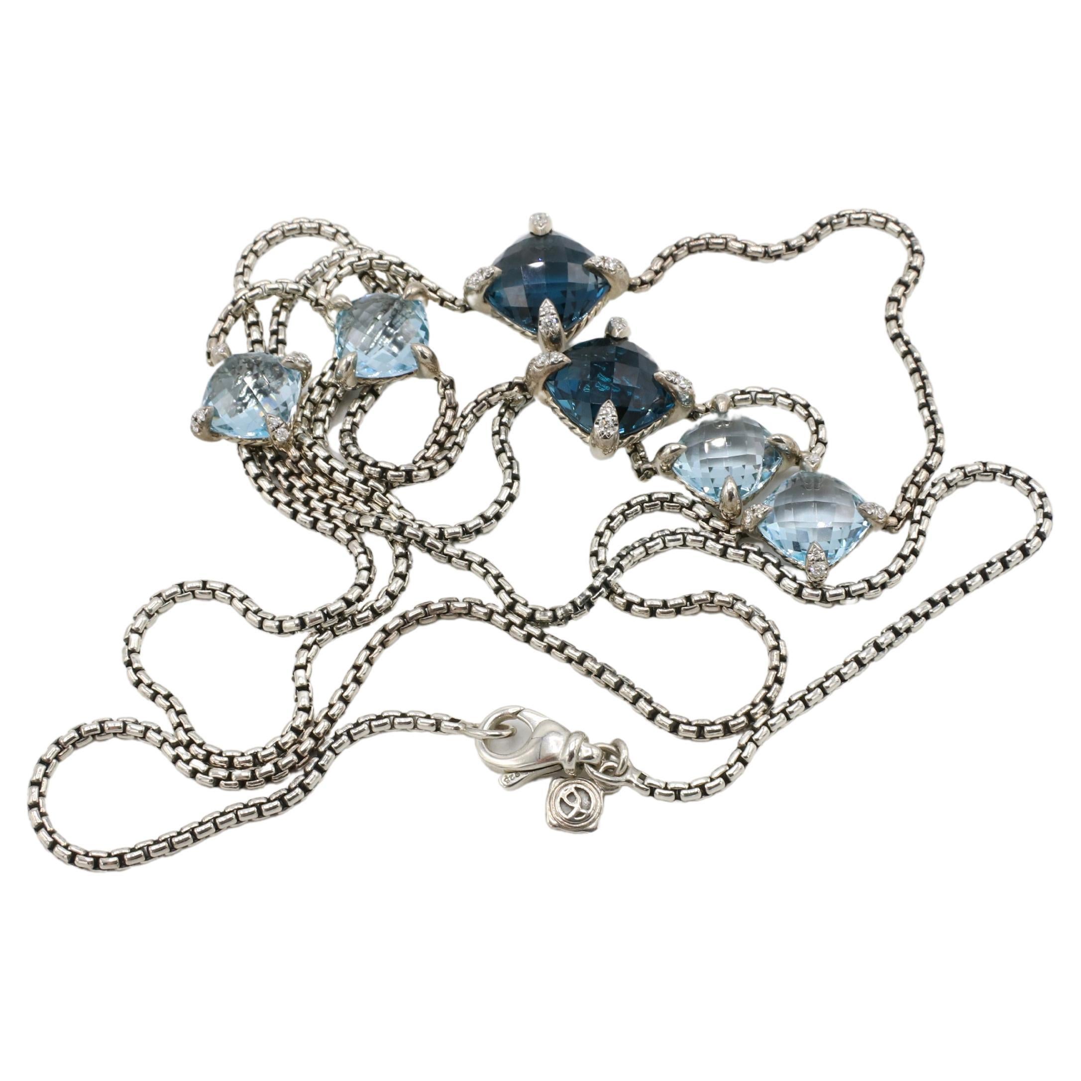 David Yurman Chatelaine Sterling Silver Blue Topaz & Natural Diamond Long Station Necklace 
Metal: Sterling silver 925
Weight: 27 grams
Chain: 2mm
Gemstones: Blue Topaz, Hampton Blue Topaz, Natural Diamonds
Length: 36 inches
Signed: ©D.Y. 925 