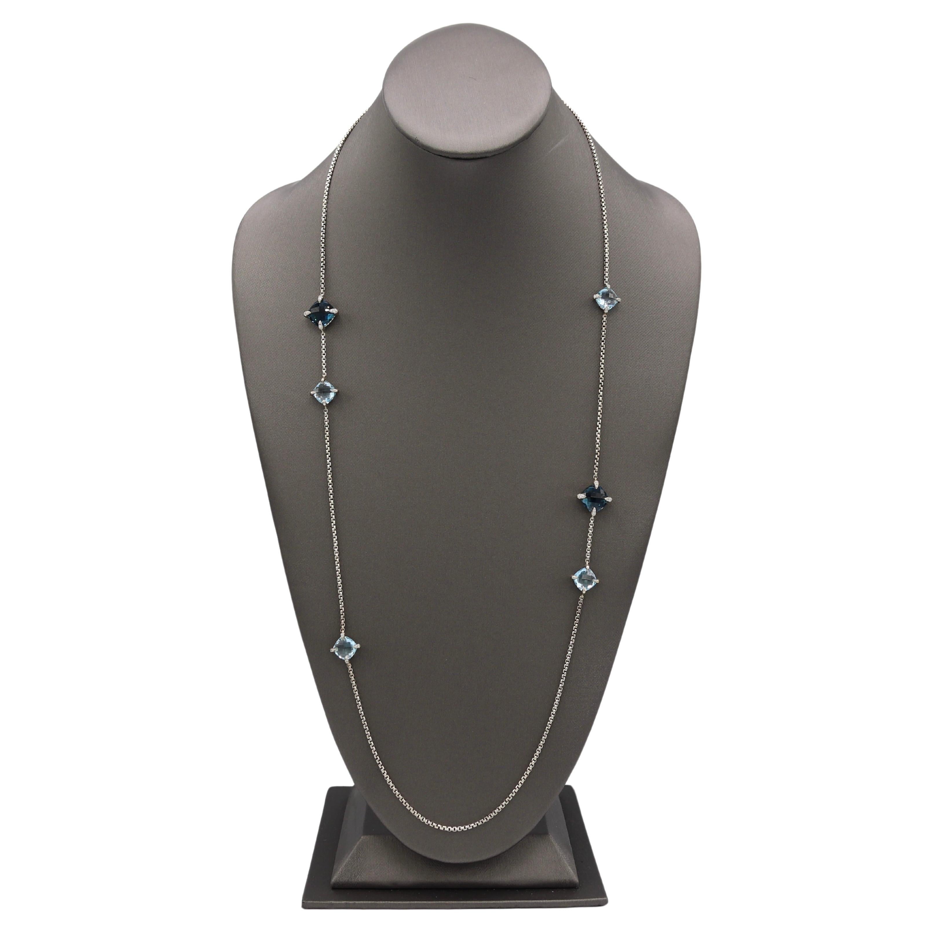 Modern David Yurman Chatelaine Sterling Silver Blue Topaz & Diamond Station Necklace