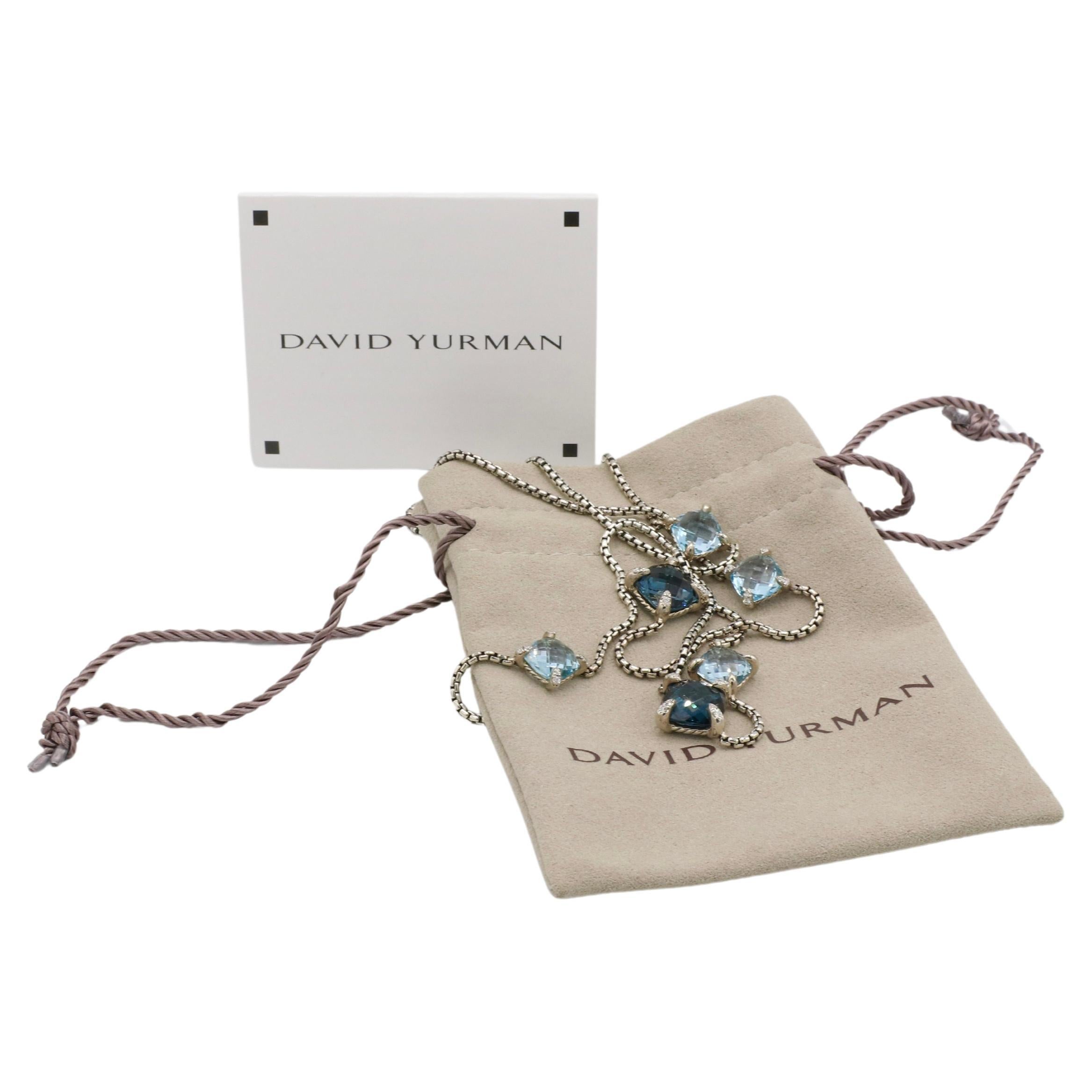 Cushion Cut David Yurman Chatelaine Sterling Silver Blue Topaz & Diamond Station Necklace