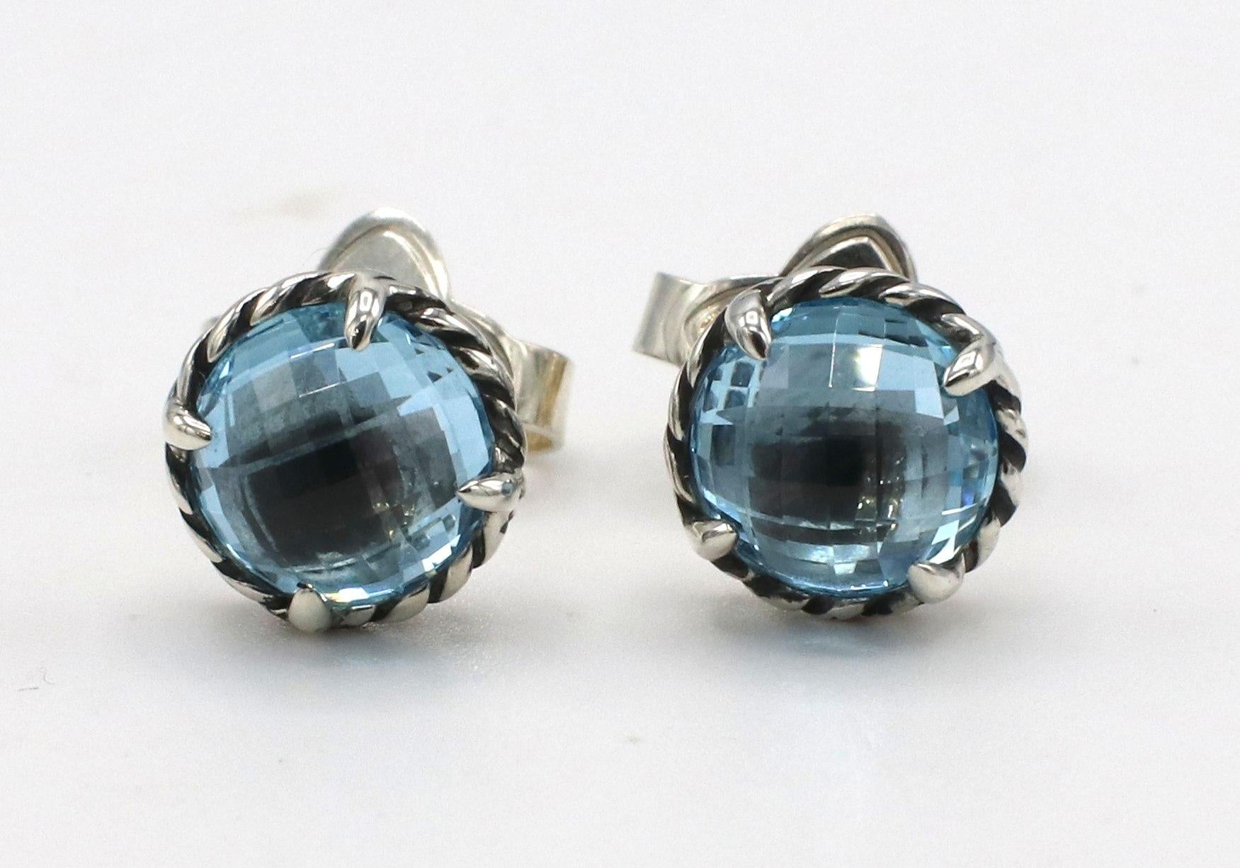 David Yurman Chatelaine Sterling Silver & Blue Topaz Stud Earrings 
Metal: Sterling silver 925, posts are white gold 
Weight: 3.48 grams
Diameter: 9.3mm
Stone: Blue topaz, 8mm
Retail: $425 USD

