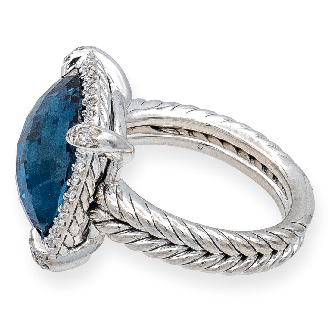 Modern David Yurman Chatelaine Sterling Silver Hampton Blue Topaz Diamond Ring