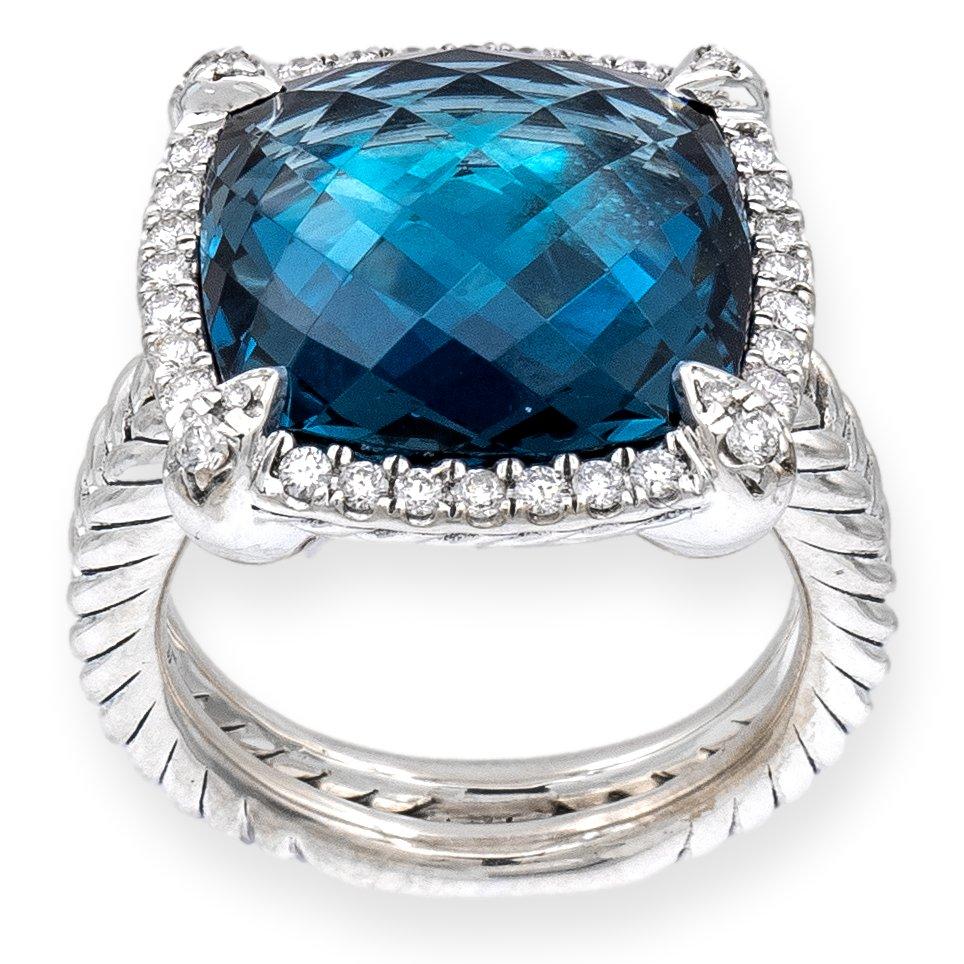 Cushion Cut David Yurman Chatelaine Sterling Silver Hampton Blue Topaz Diamond Ring