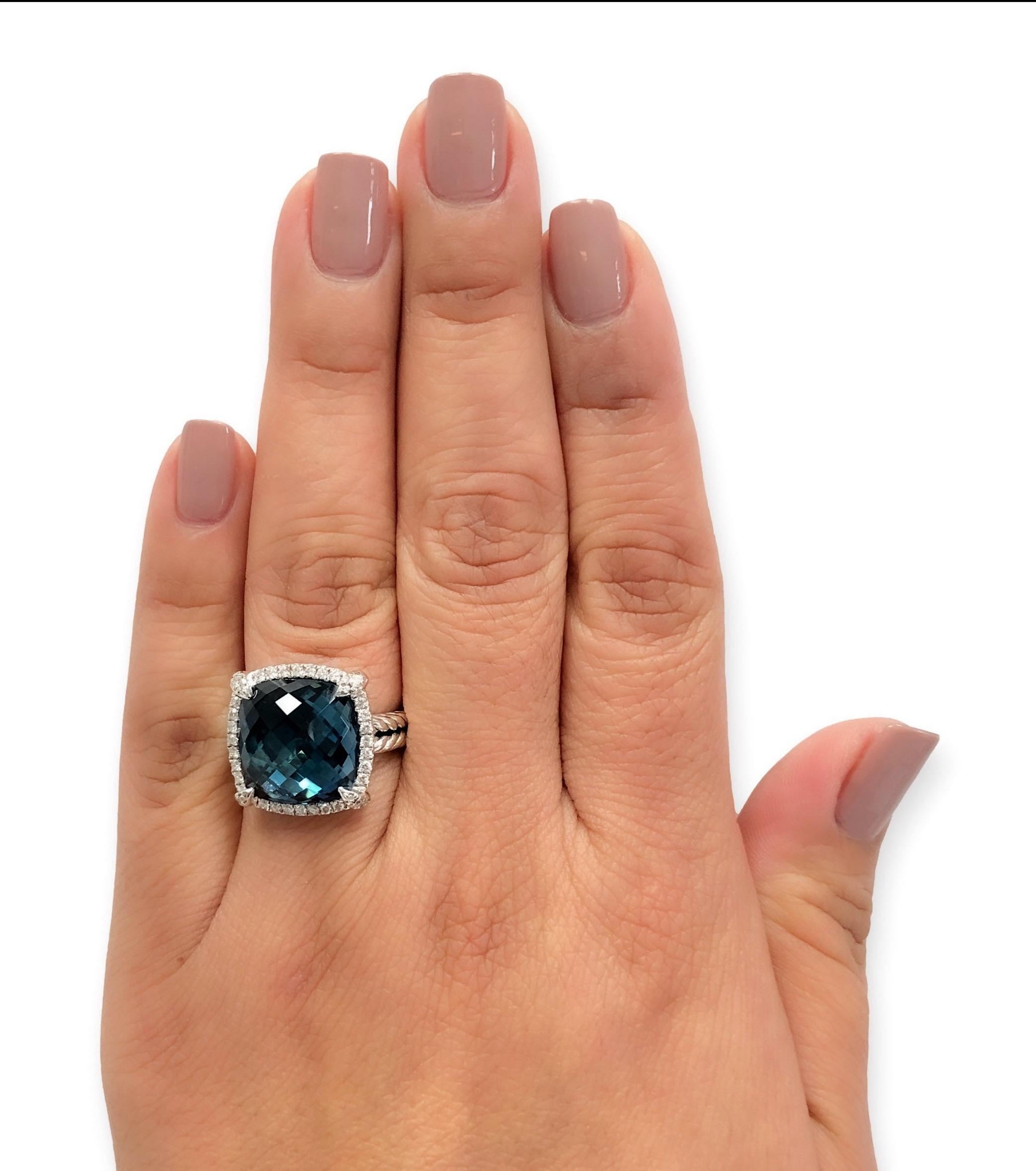 David Yurman Chatelaine Sterling Silver Hampton Blue Topaz Diamond Ring 1