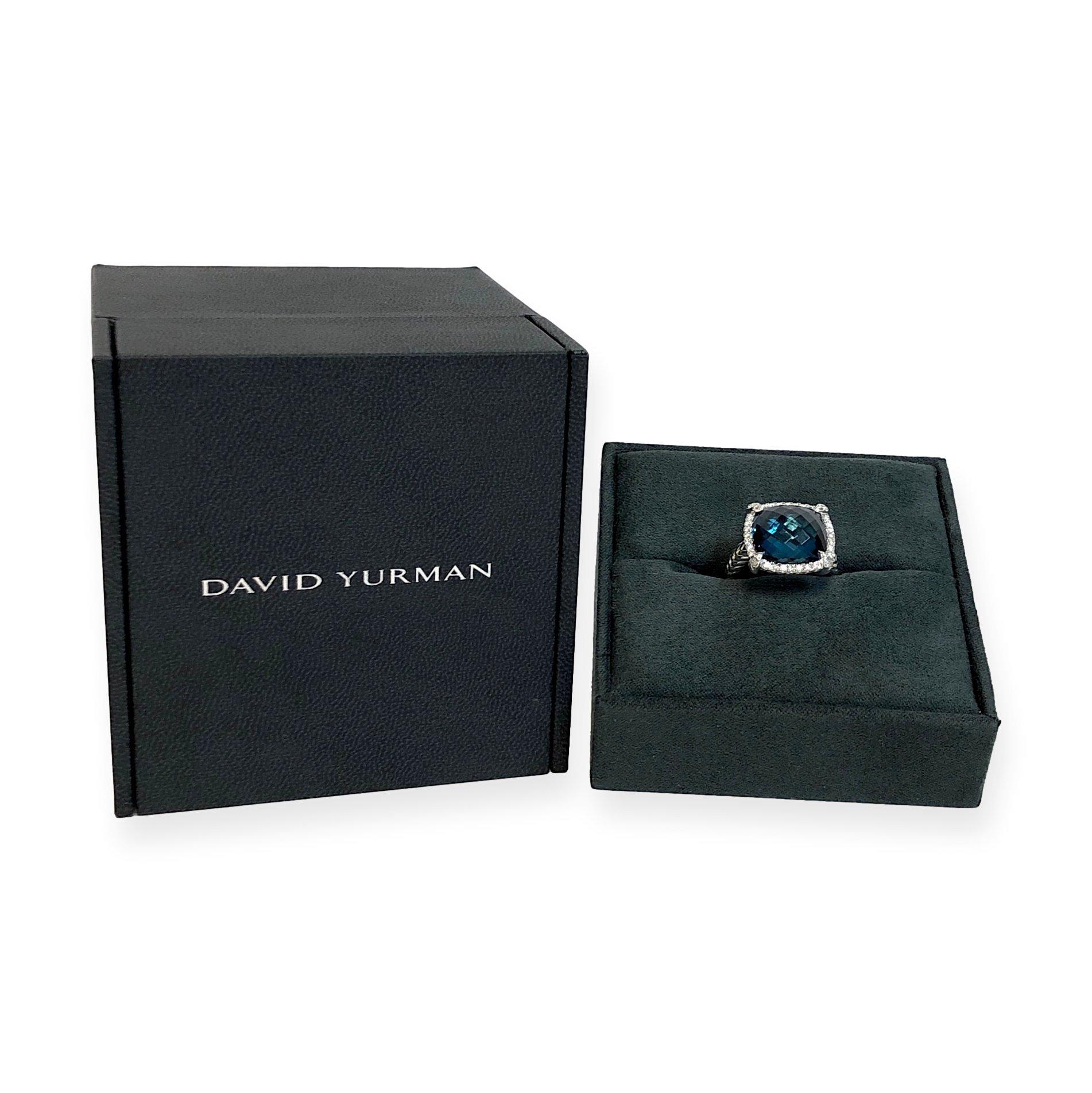 David Yurman Chatelaine Sterling Silver Hampton Blue Topaz Diamond Ring 2