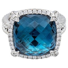 David Yurman Chatelaine Sterling Silver Hampton Blue Topaz Diamond Ring
