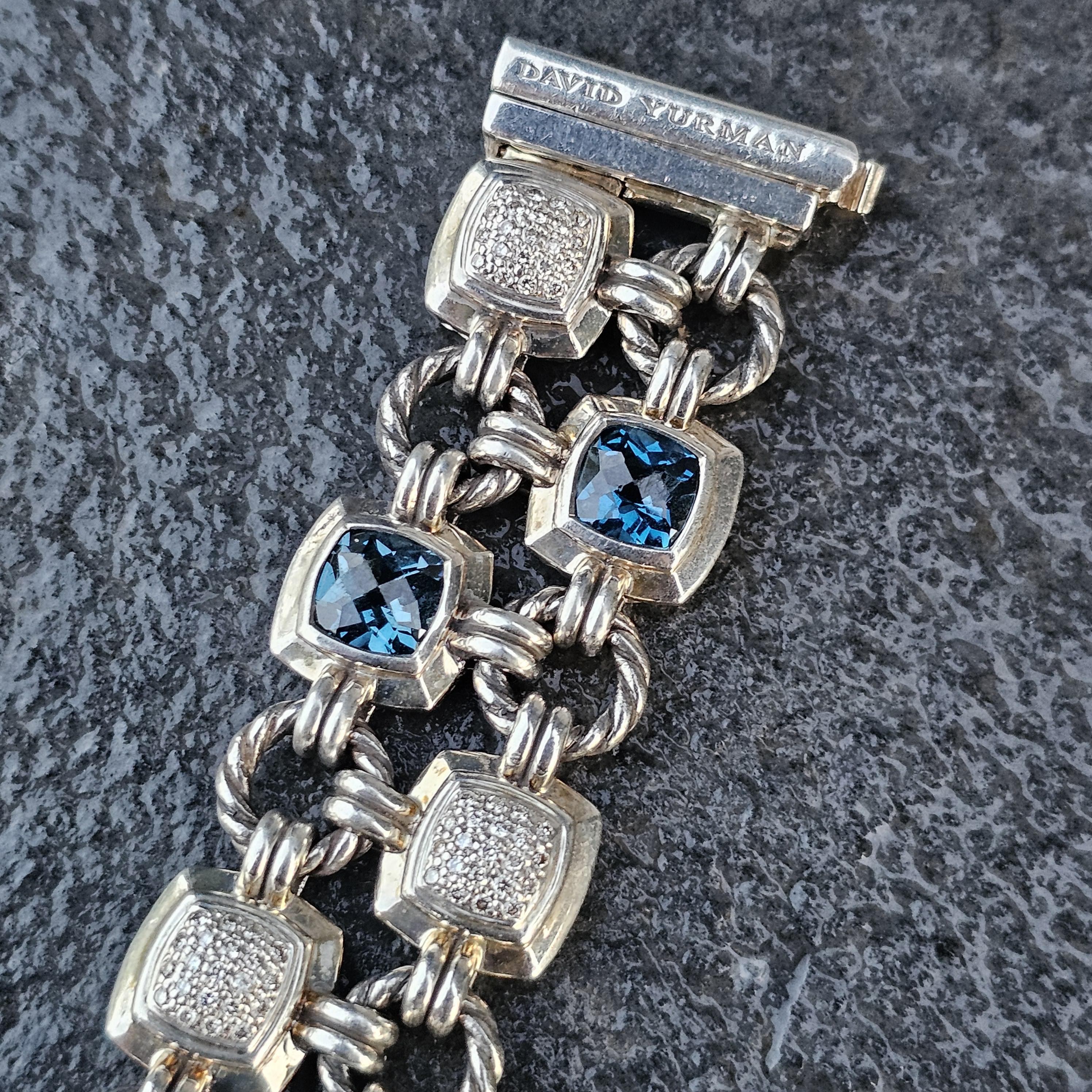 David Yurman Pulsera Chiclet 2 Filas Cojín de Diamantes Topacio Azul Plata de Ley en venta 5