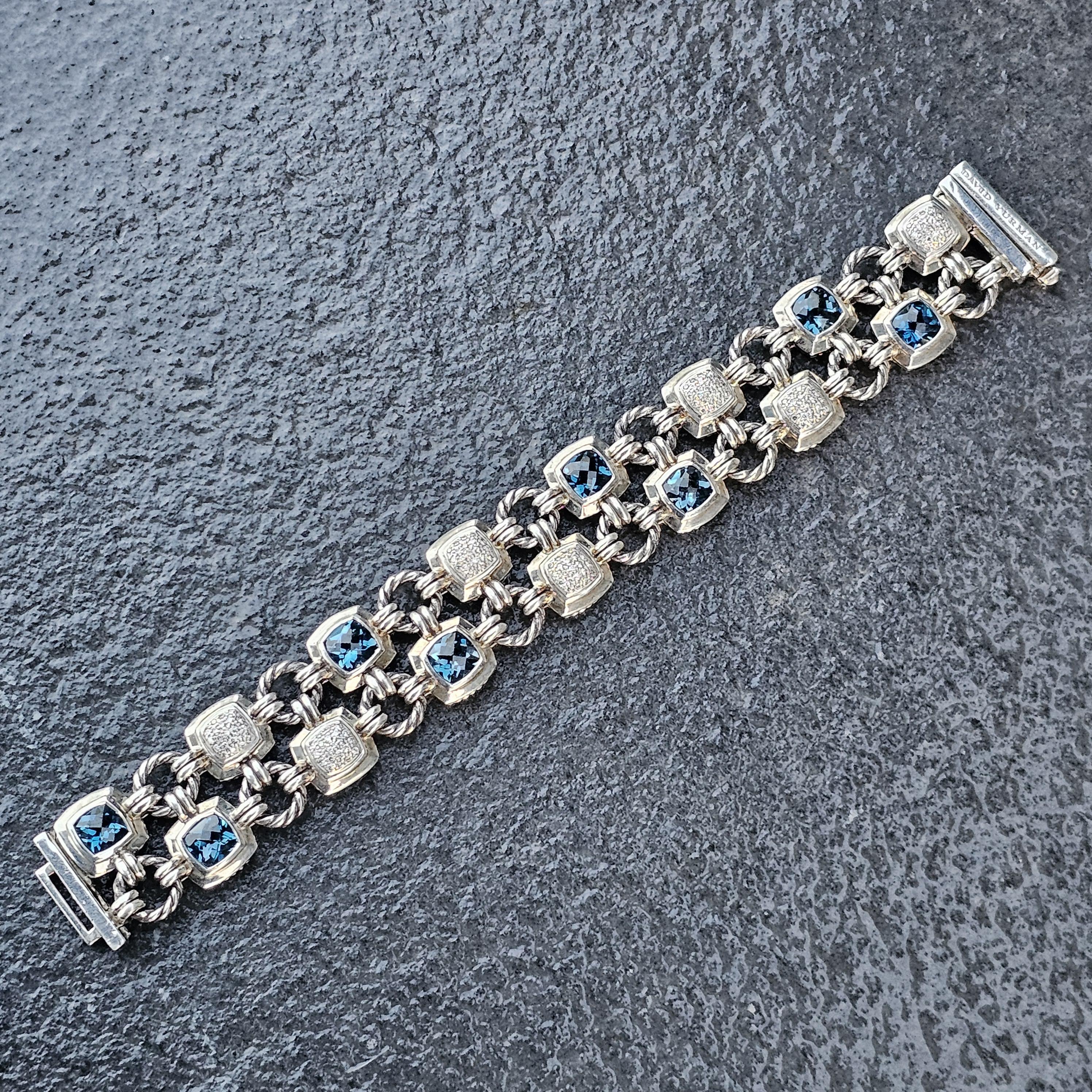 David Yurman Pulsera Chiclet 2 Filas Cojín de Diamantes Topacio Azul Plata de Ley en venta 6