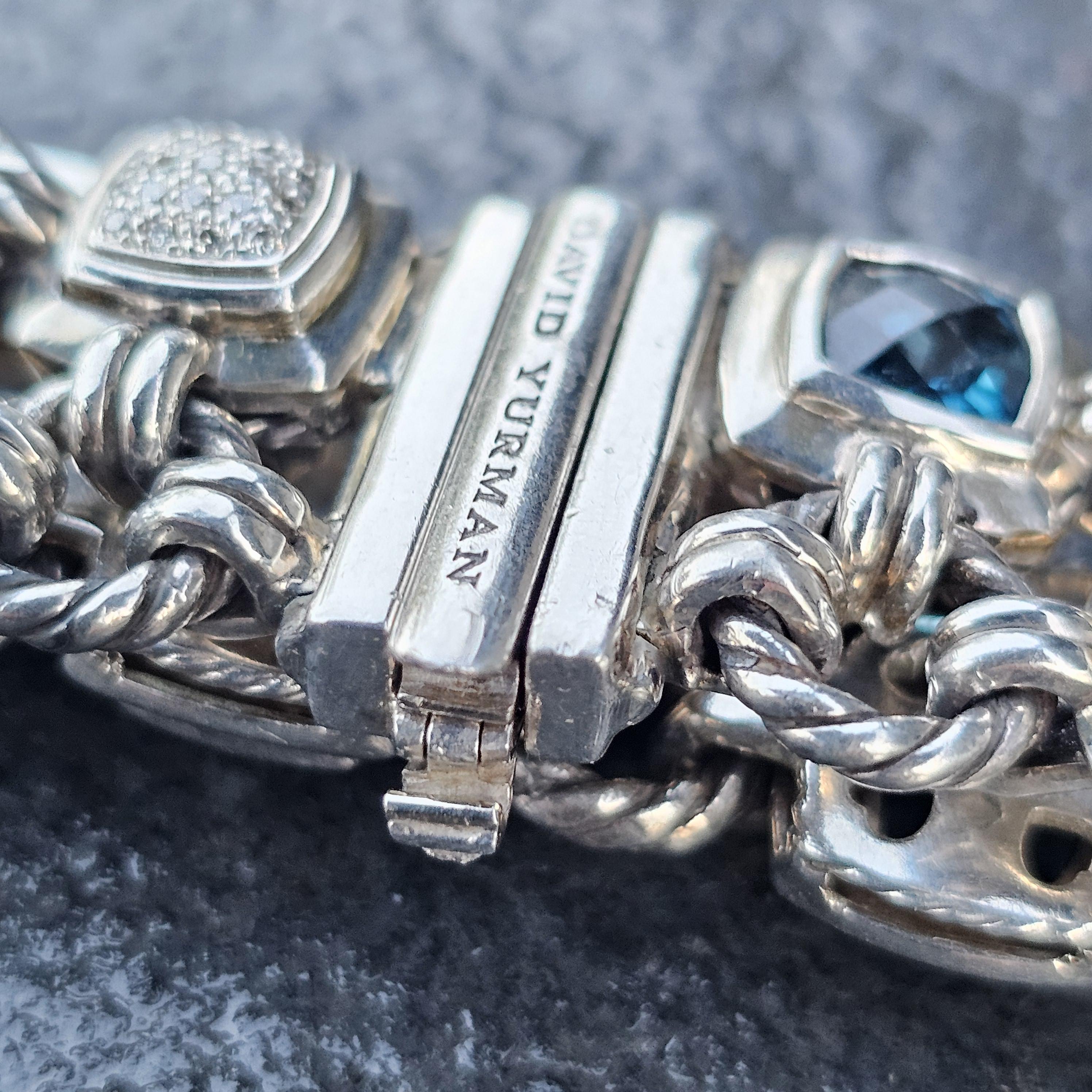 David Yurman Pulsera Chiclet 2 Filas Cojín de Diamantes Topacio Azul Plata de Ley en venta 8