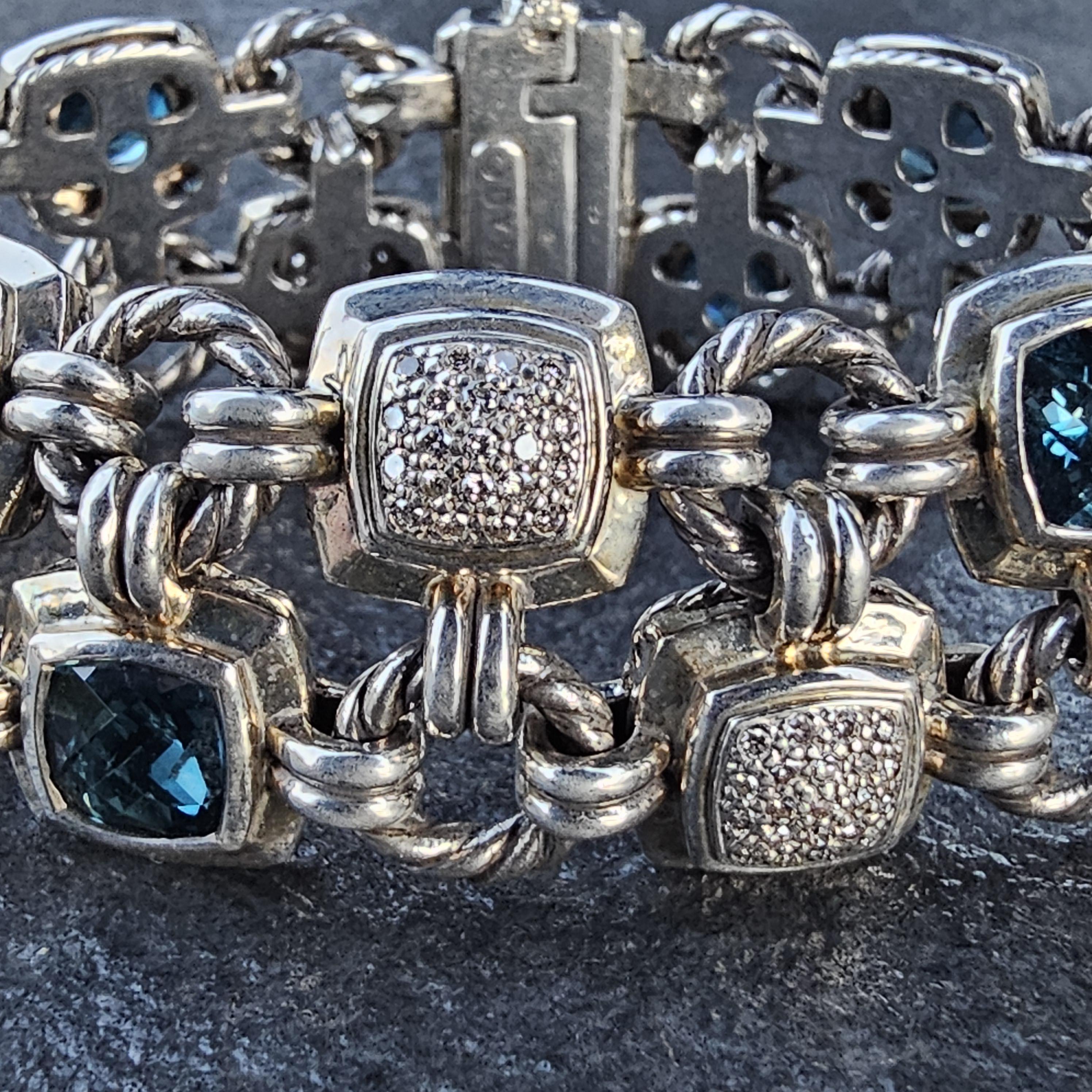 David Yurman Pulsera Chiclet 2 Filas Cojín de Diamantes Topacio Azul Plata de Ley en venta 9