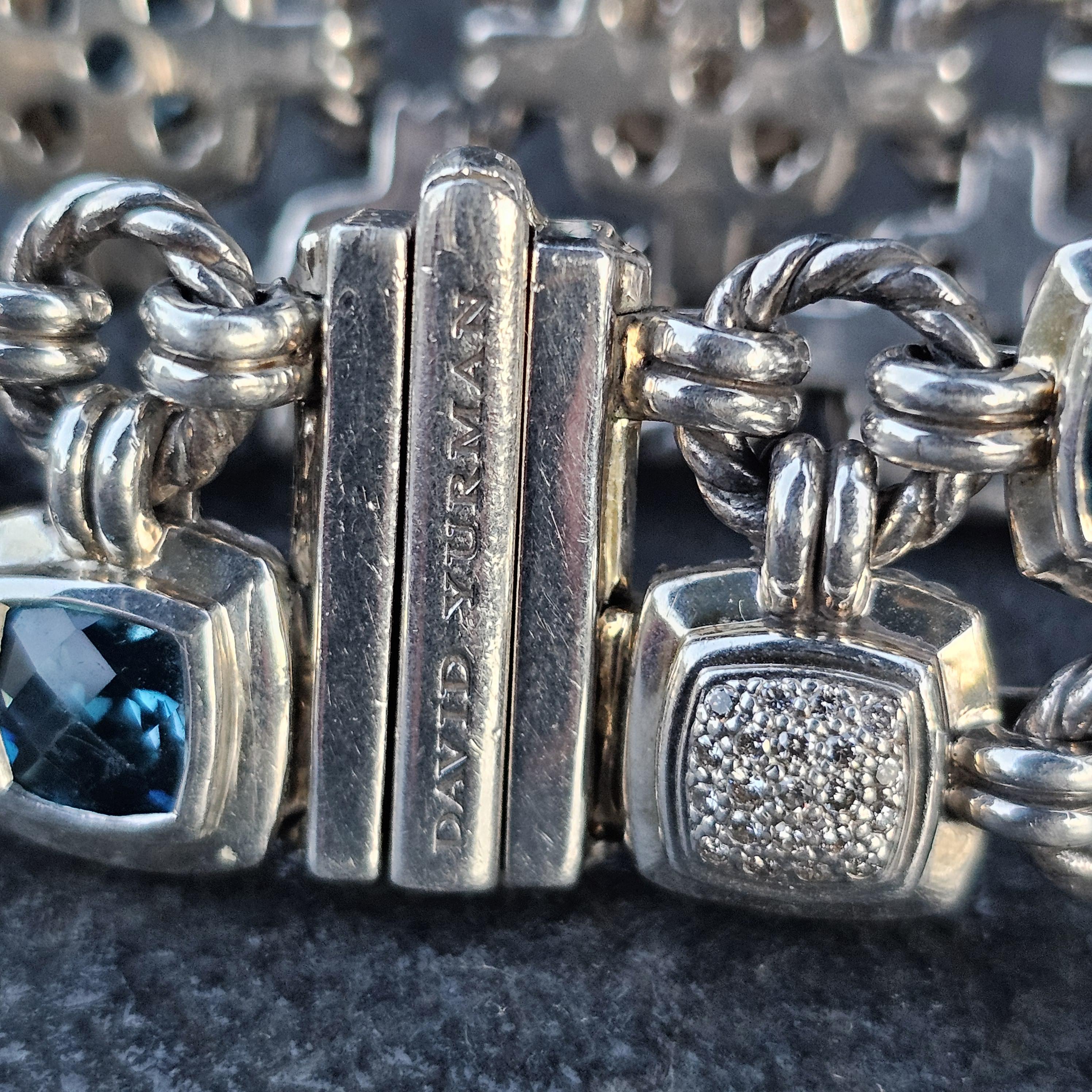 David Yurman Pulsera Chiclet 2 Filas Cojín de Diamantes Topacio Azul Plata de Ley en venta 10