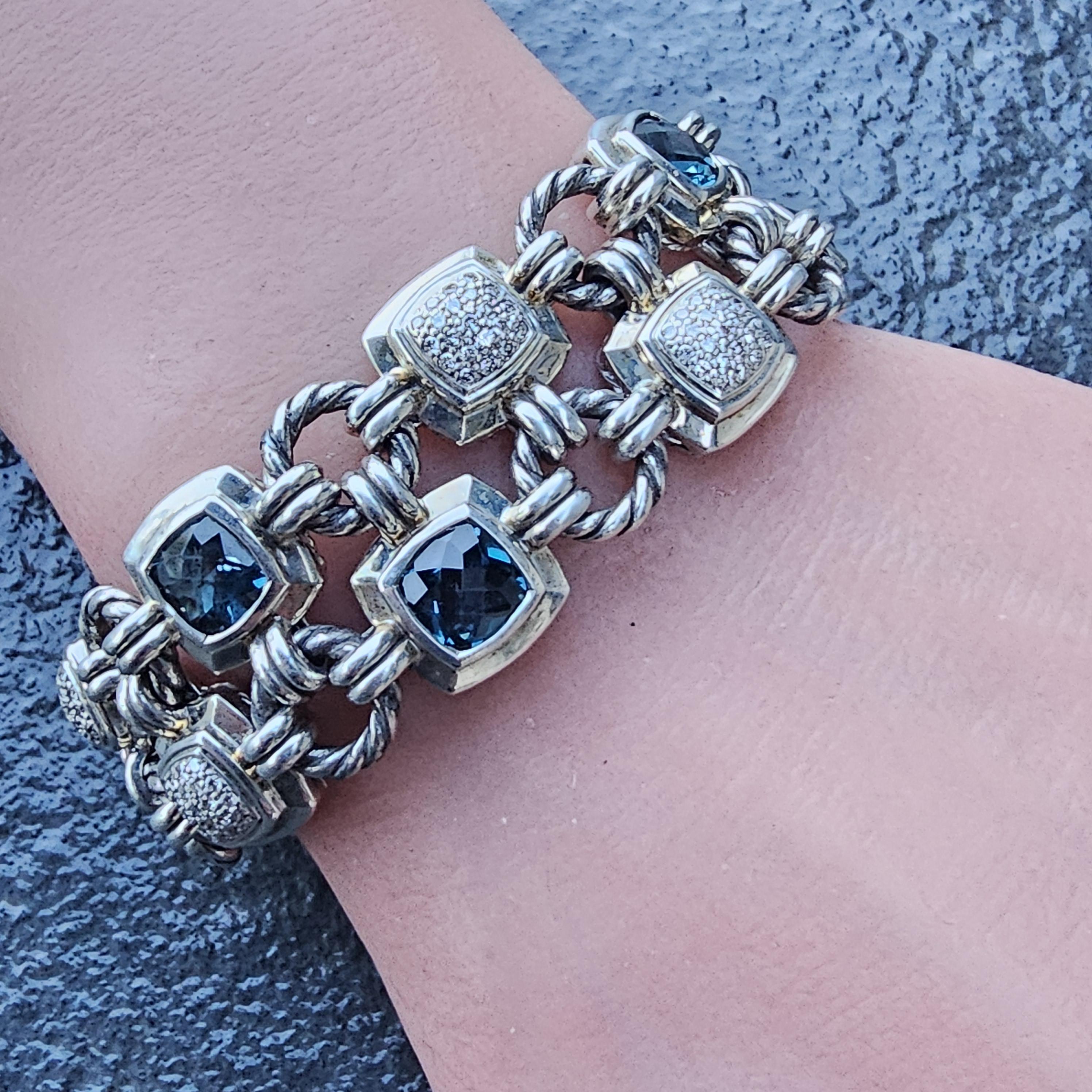 David Yurman Pulsera Chiclet 2 Filas Cojín de Diamantes Topacio Azul Plata de Ley Corte cojín en venta