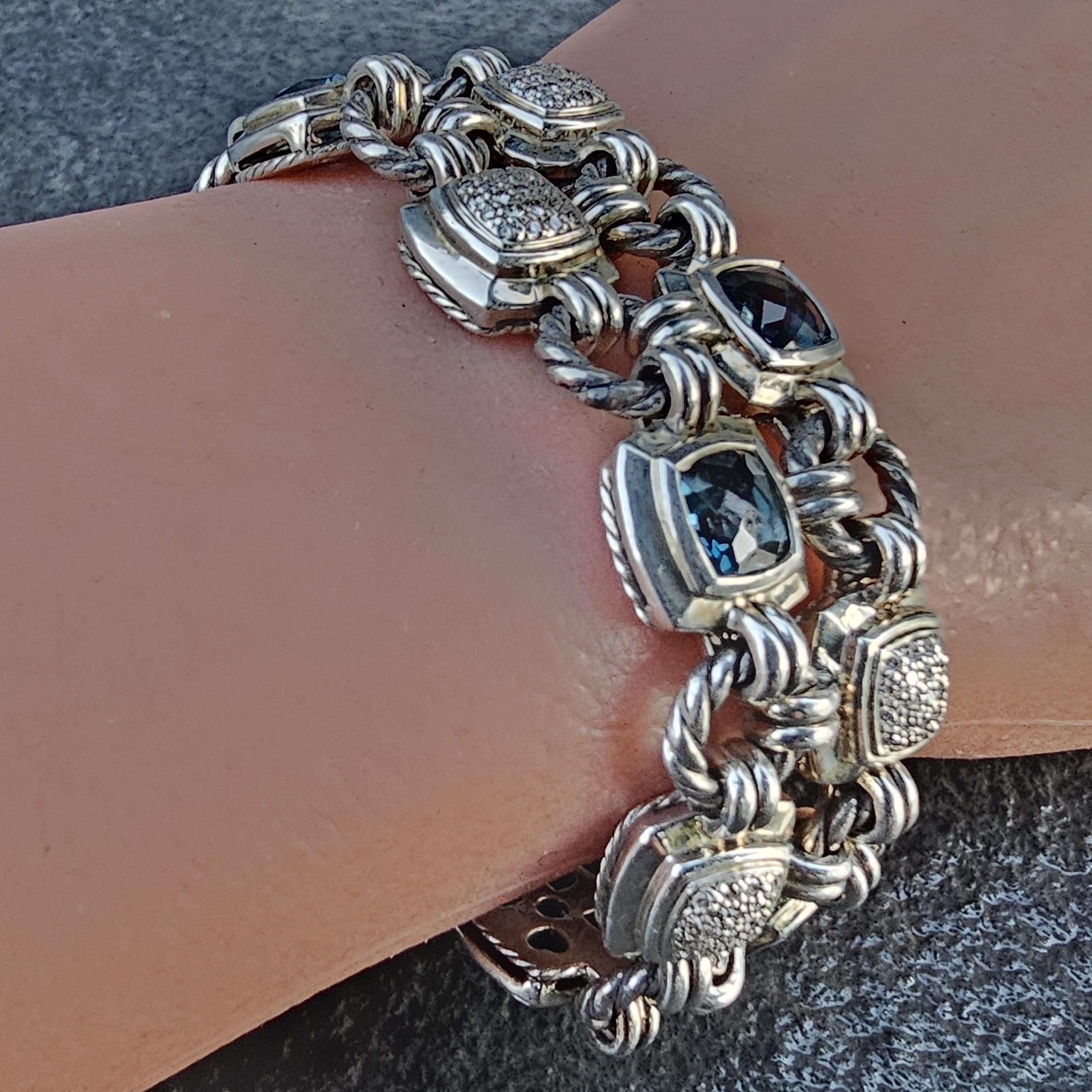 David Yurman Pulsera Chiclet 2 Filas Cojín de Diamantes Topacio Azul Plata de Ley en Bueno estado para la venta en Northbrook, IL