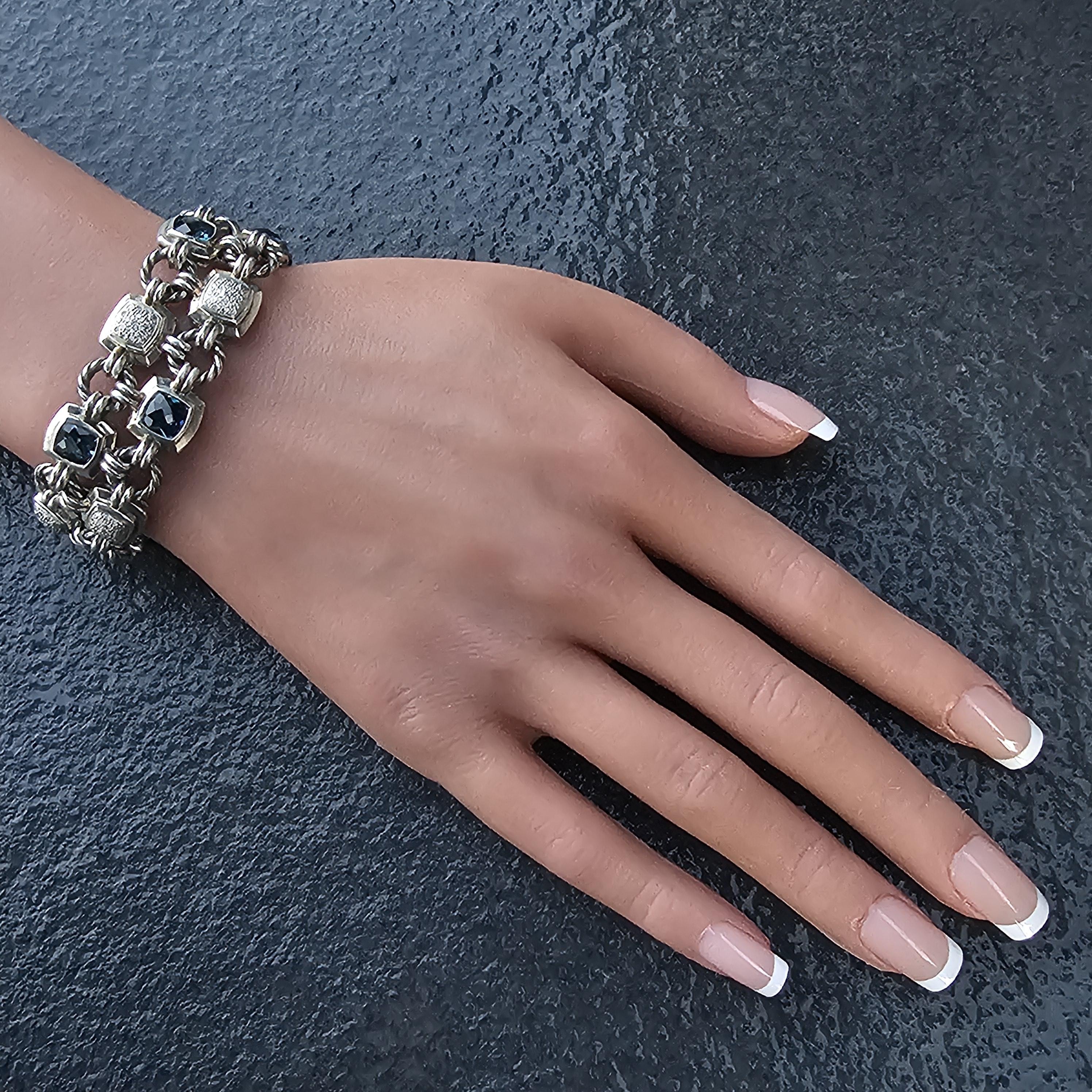 De las mujeres David Yurman Pulsera Chiclet 2 Filas Cojín de Diamantes Topacio Azul Plata de Ley en venta