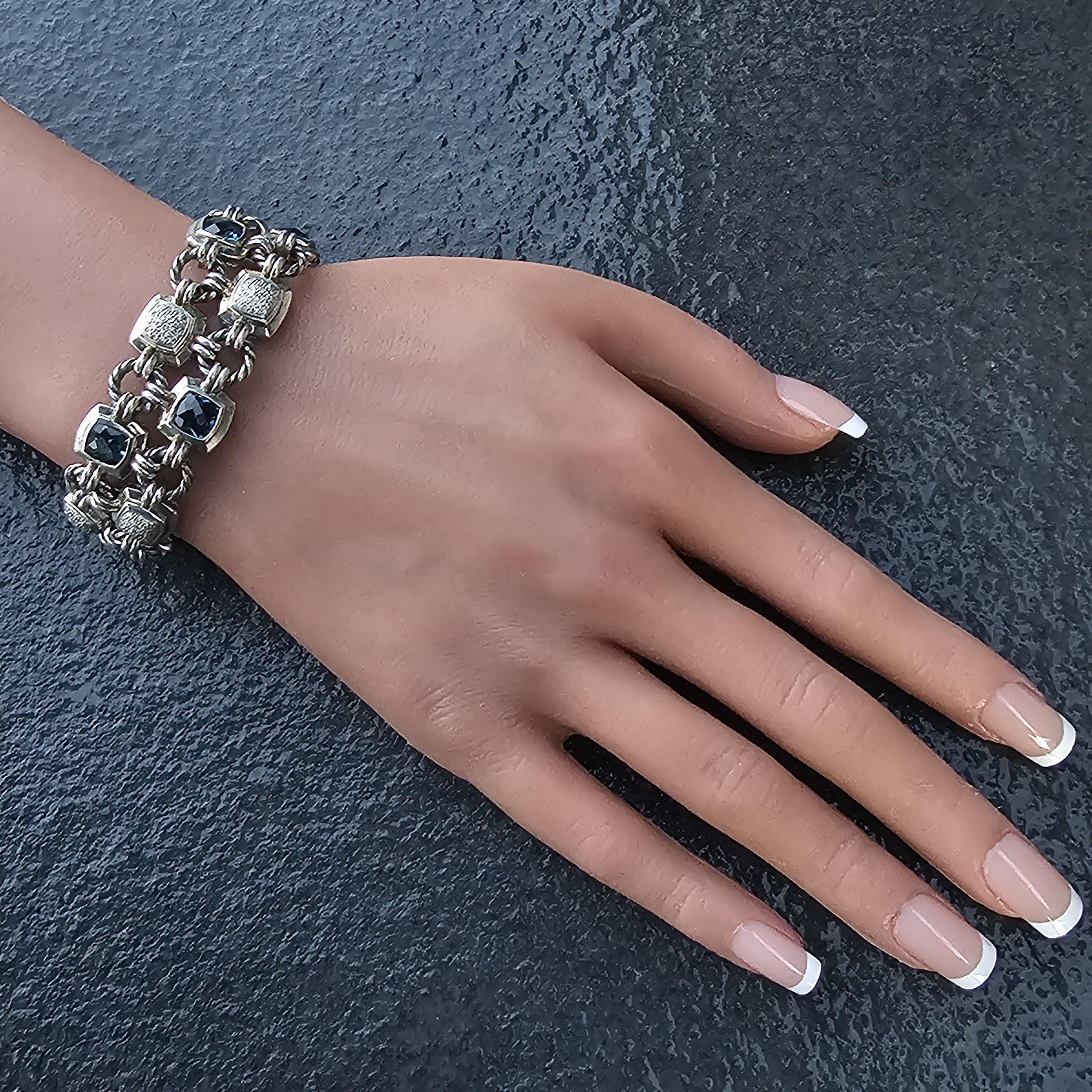 David Yurman Pulsera Chiclet 2 Filas Cojín de Diamantes Topacio Azul Plata de Ley en venta 1