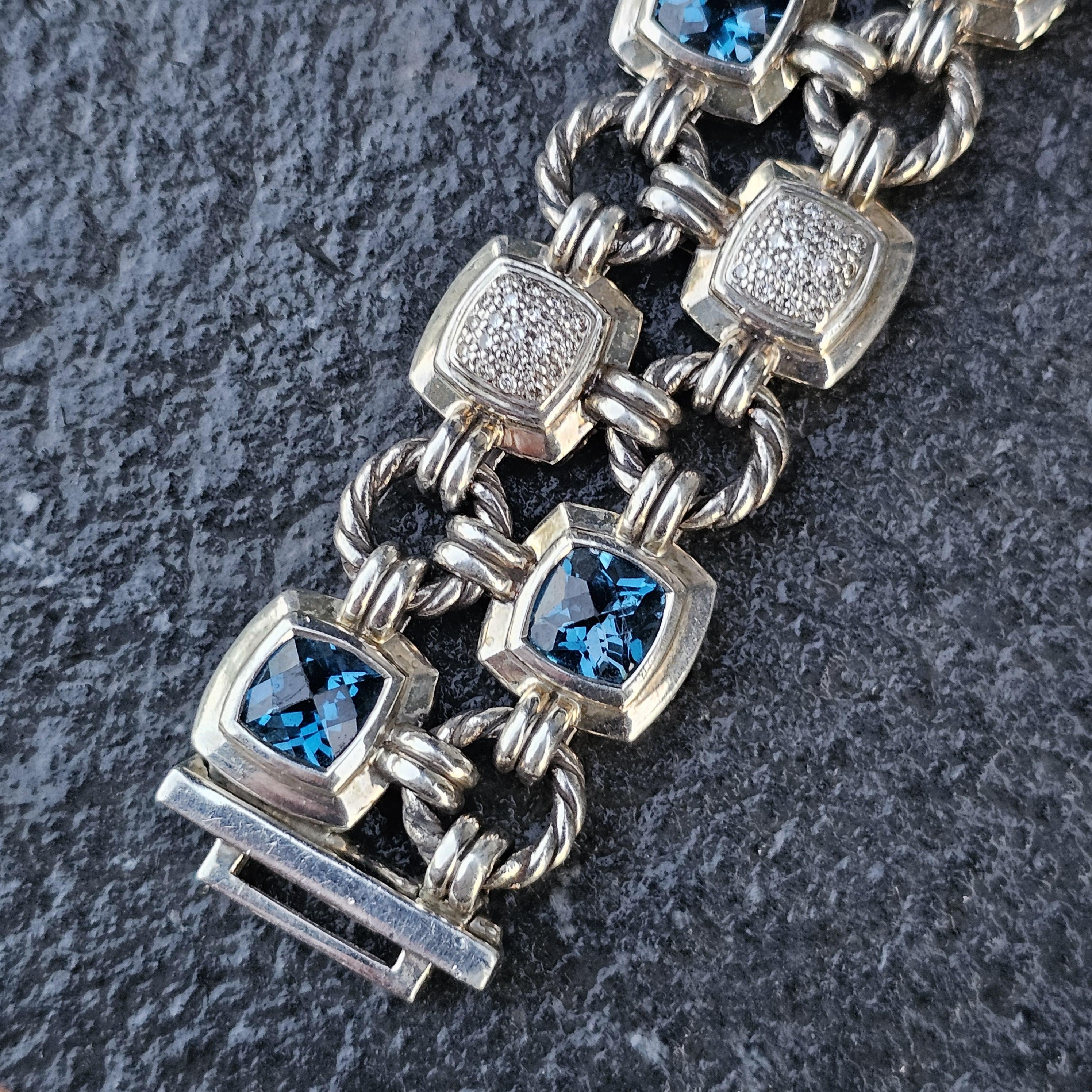 David Yurman Pulsera Chiclet 2 Filas Cojín de Diamantes Topacio Azul Plata de Ley en venta 3