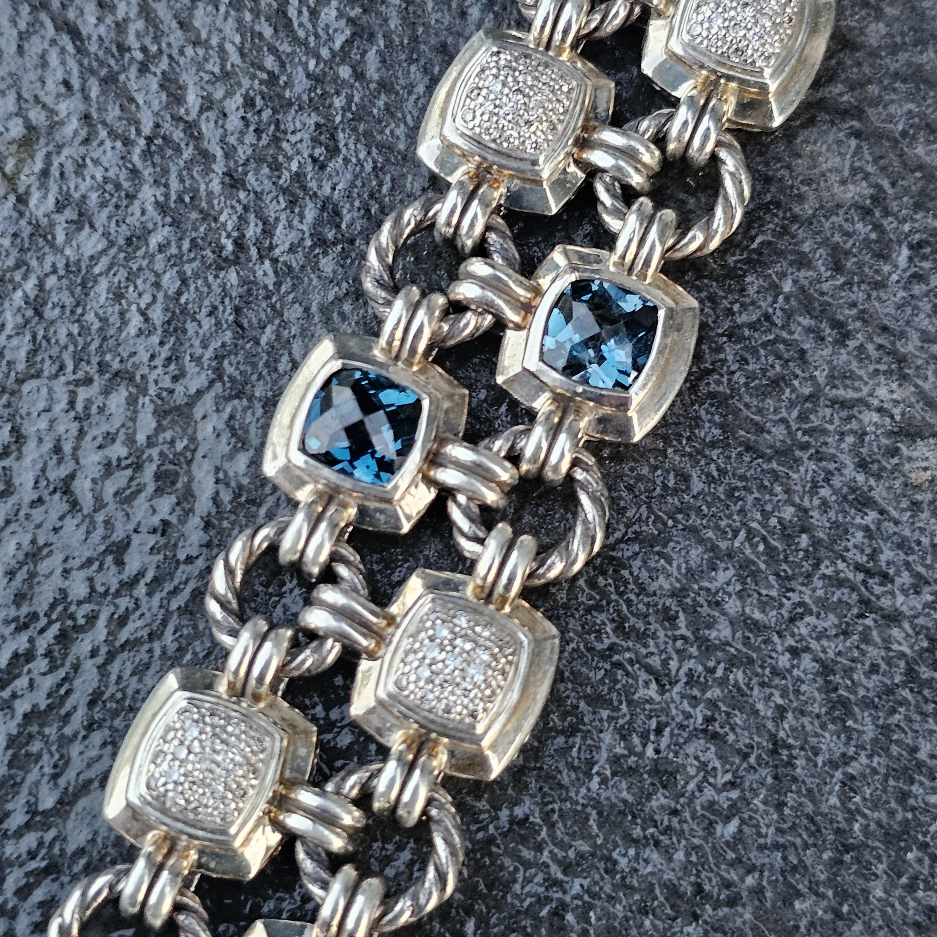 David Yurman Pulsera Chiclet 2 Filas Cojín de Diamantes Topacio Azul Plata de Ley en venta 4