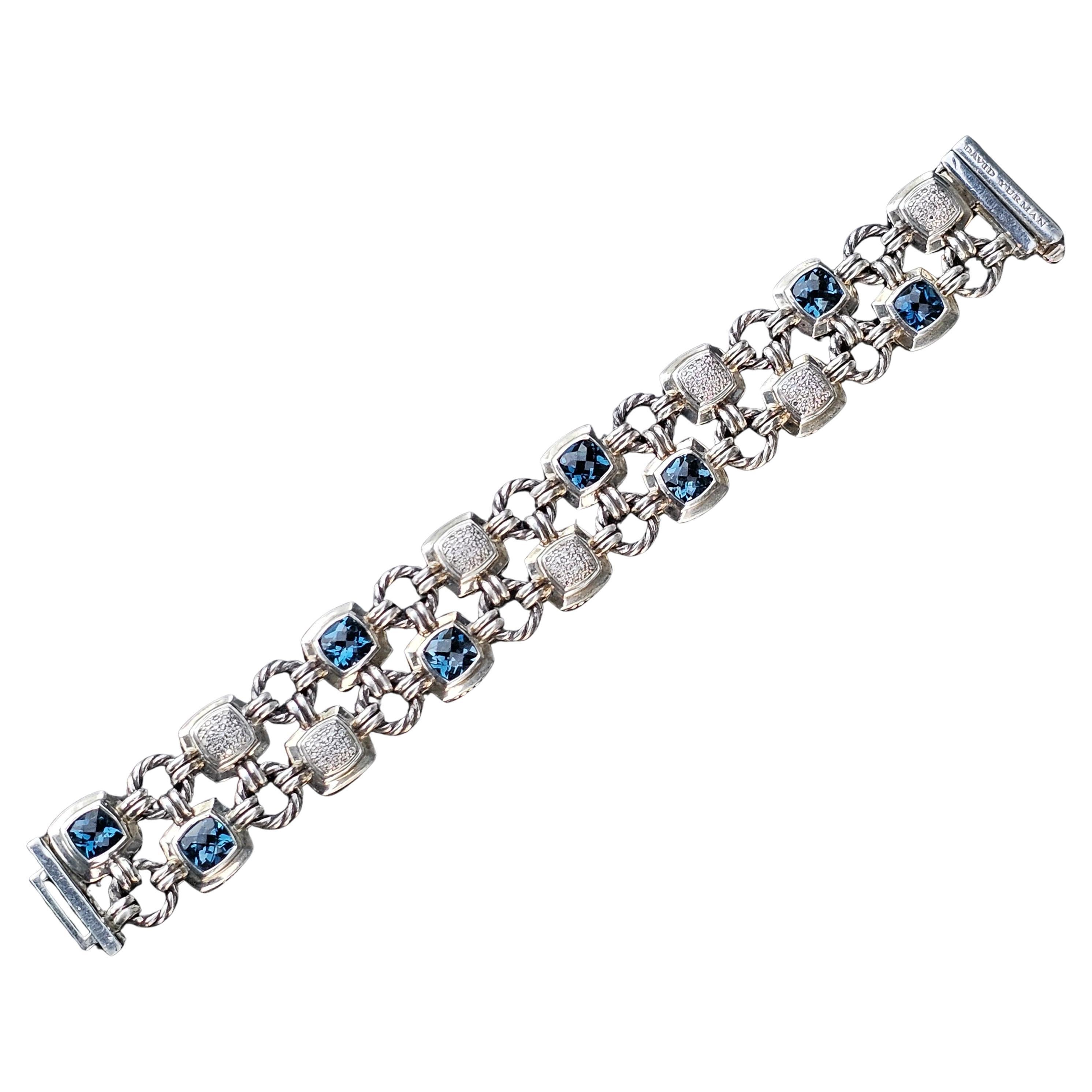 David Yurman Pulsera Chiclet 2 Filas Cojín de Diamantes Topacio Azul Plata de Ley en venta