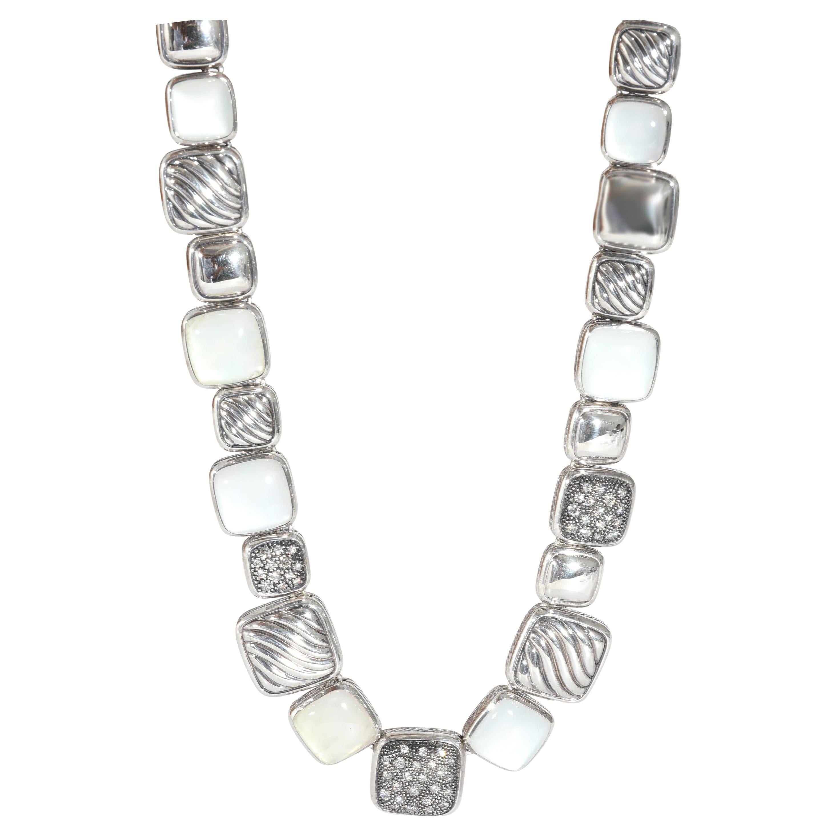 David Yurman Chiclet Diamond Necklace in  Sterling Silver 0.73 CTW